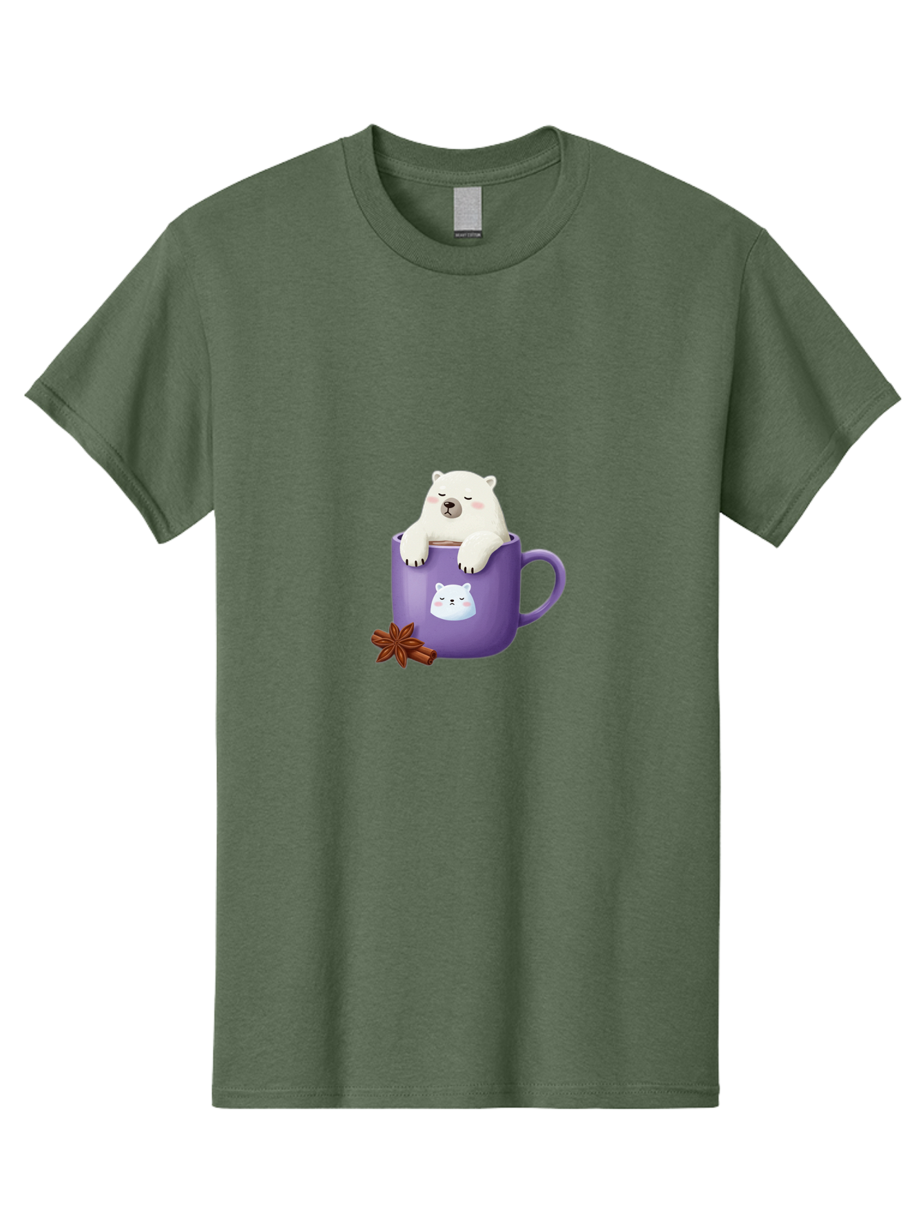 Polar-Bear-Mug-1 Men'S Graphic Tee, 100% Cotton, Comfortable Casual Summer Wear, Machine Washable, Polar Bear In A Tea Cup, Cute Bear Design, Adorable Cartoon Character, Purple Mug With Bear Face, Star Anise And Cinnamon Sticks, Bae658