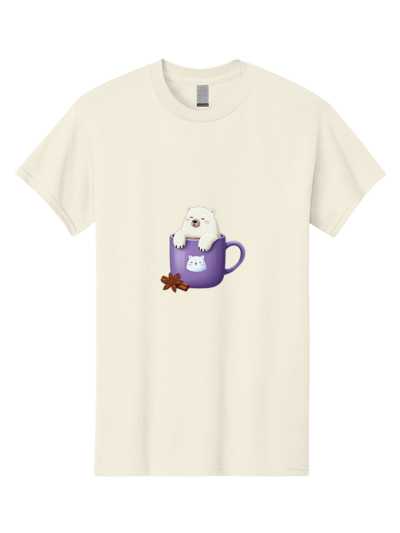 Polar-Bear-Mug-1 Men'S Graphic Tee, 100% Cotton, Comfortable Casual Summer Wear, Machine Washable, Polar Bear In A Tea Cup, Cute Bear Design, Adorable Cartoon Character, Purple Mug With Bear Face, Star Anise And Cinnamon Sticks, Bae658