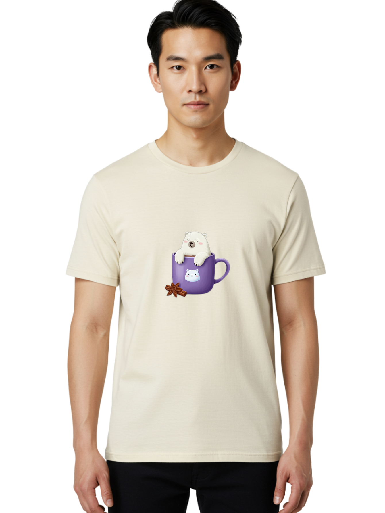 Polar-Bear-Mug-1 Men'S Graphic Tee, 100% Cotton, Comfortable Casual Summer Wear, Machine Washable, Polar Bear In A Tea Cup, Cute Bear Design, Adorable Cartoon Character, Purple Mug With Bear Face, Star Anise And Cinnamon Sticks, Bae658