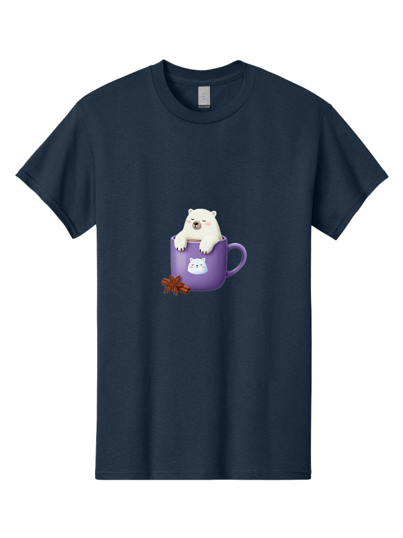 Polar-Bear-Mug-1 Men'S Graphic Tee, 100% Cotton, Comfortable Casual Summer Wear, Machine Washable, Polar Bear In A Tea Cup, Cute Bear Design, Adorable Cartoon Character, Purple Mug With Bear Face, Star Anise And Cinnamon Sticks, Bae658