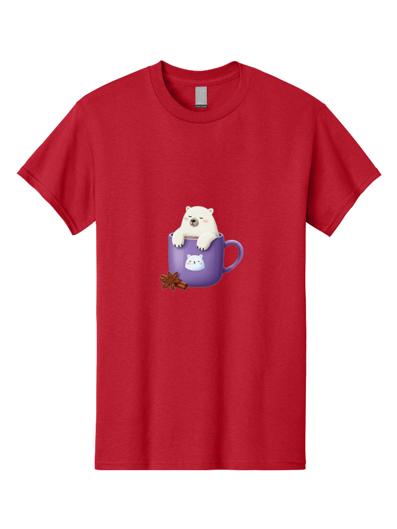 Polar-Bear-Mug-1 Men'S Graphic Tee, 100% Cotton, Comfortable Casual Summer Wear, Machine Washable, Polar Bear In A Tea Cup, Cute Bear Design, Adorable Cartoon Character, Purple Mug With Bear Face, Star Anise And Cinnamon Sticks, Bae658