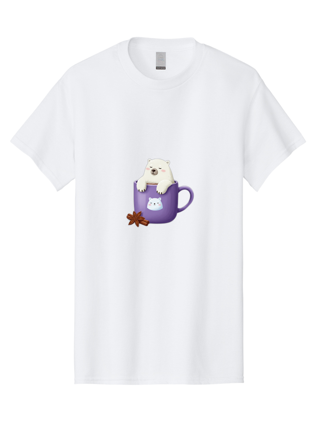 Polar-Bear-Mug-1 Men'S Graphic Tee, 100% Cotton, Comfortable Casual Summer Wear, Machine Washable, Polar Bear In A Tea Cup, Cute Bear Design, Adorable Cartoon Character, Purple Mug With Bear Face, Star Anise And Cinnamon Sticks, Bae658