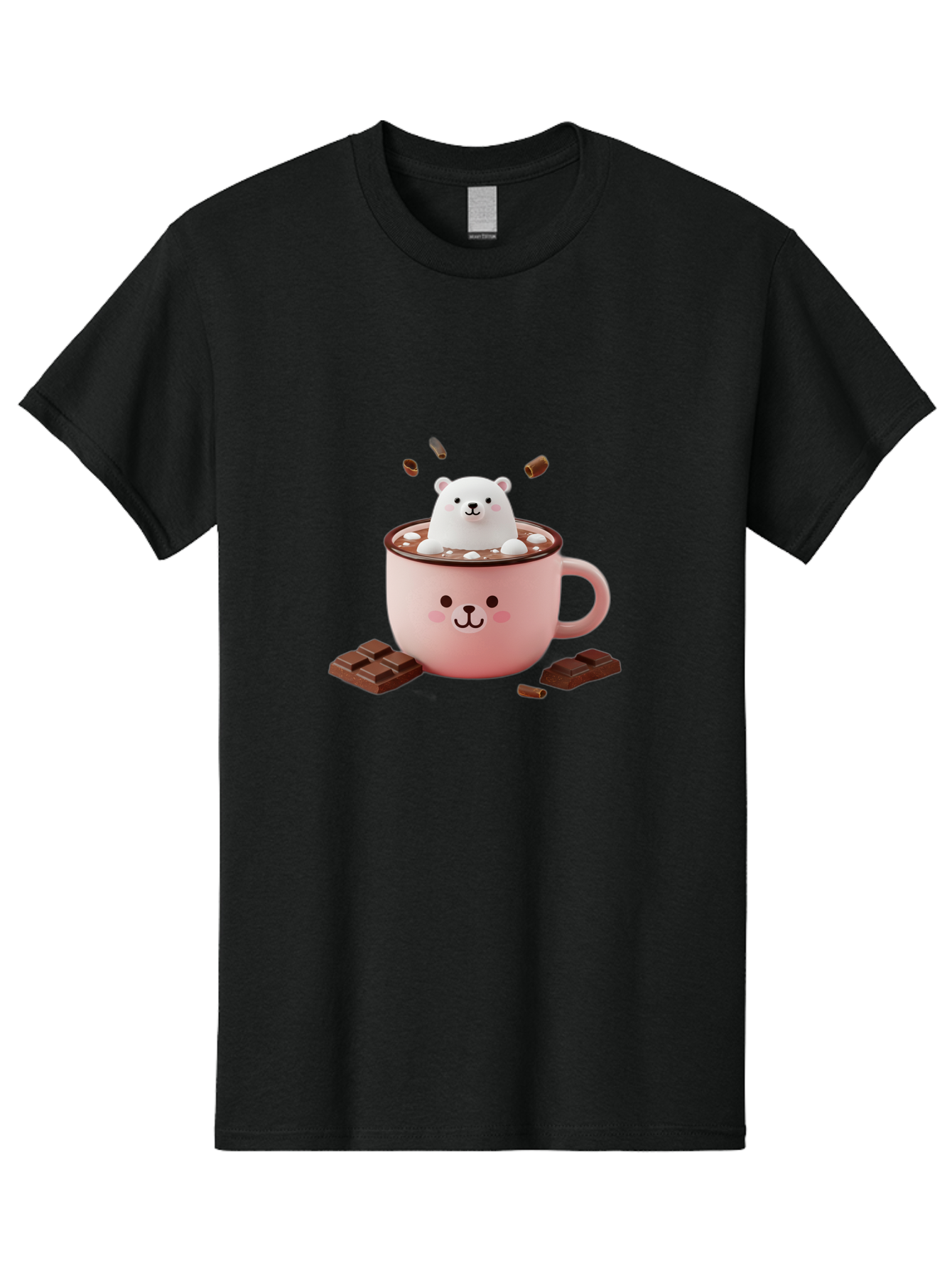 Polar-Bear-Mug Men'S Graphic Tee, 100% Cotton, Comfortable Casual Summer Wear, Machine Washable, Polar Bear In A Pink Mug, Hot Chocolate, Marshmallows, Chocolate Bars, Bear Face, Cartoon Style, Kawaii, Cute, Winter Vibe, Cozy Atmosphere Bae659