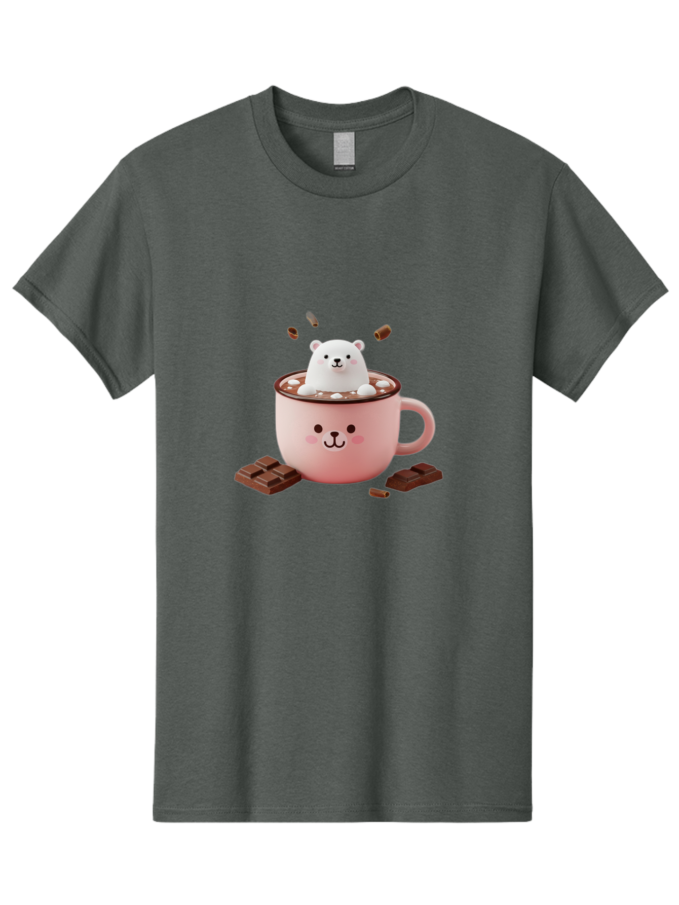 Polar-Bear-Mug Men'S Graphic Tee, 100% Cotton, Comfortable Casual Summer Wear, Machine Washable, Polar Bear In A Pink Mug, Hot Chocolate, Marshmallows, Chocolate Bars, Bear Face, Cartoon Style, Kawaii, Cute, Winter Vibe, Cozy Atmosphere Bae659