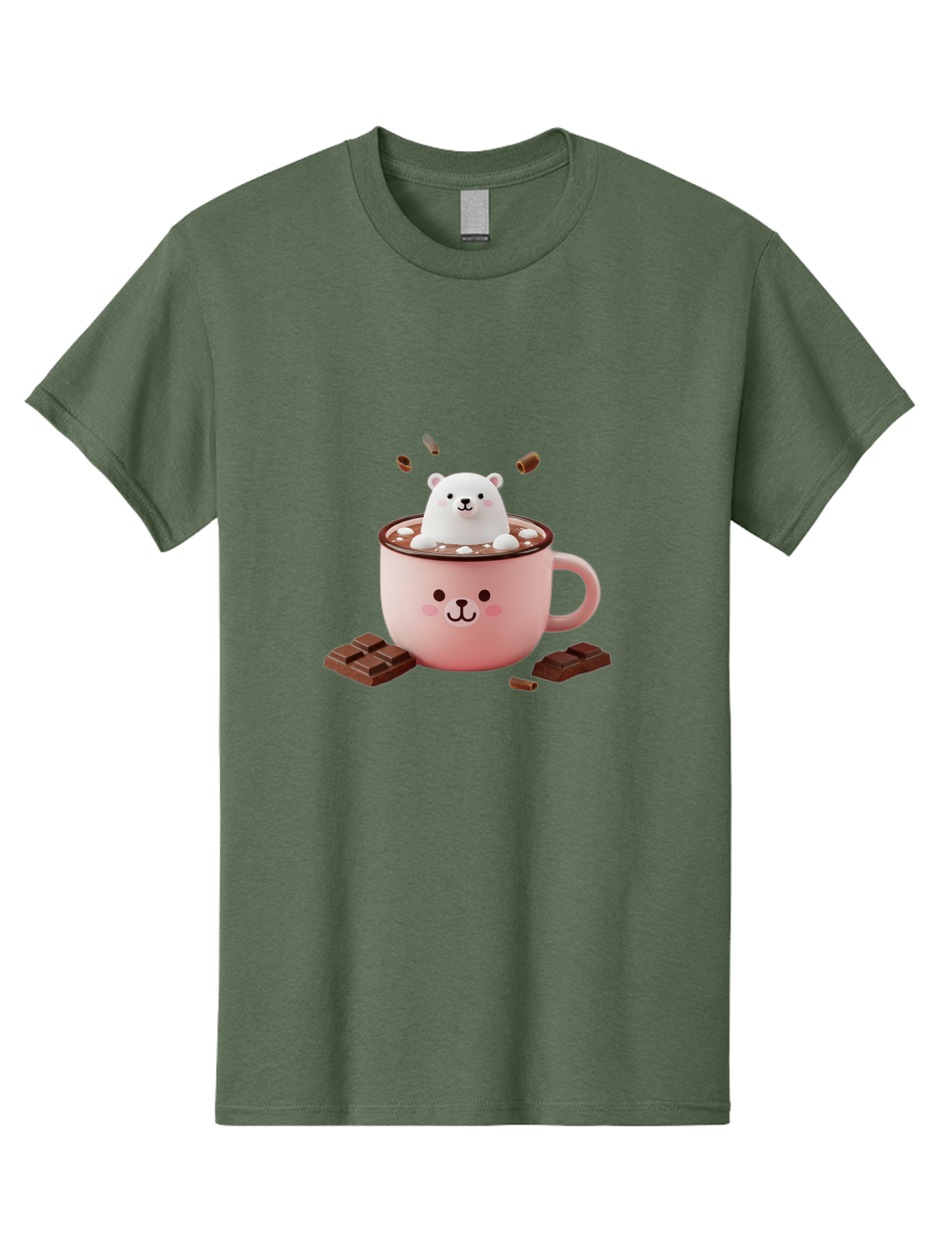 Polar-Bear-Mug Men'S Graphic Tee, 100% Cotton, Comfortable Casual Summer Wear, Machine Washable, Polar Bear In A Pink Mug, Hot Chocolate, Marshmallows, Chocolate Bars, Bear Face, Cartoon Style, Kawaii, Cute, Winter Vibe, Cozy Atmosphere Bae659