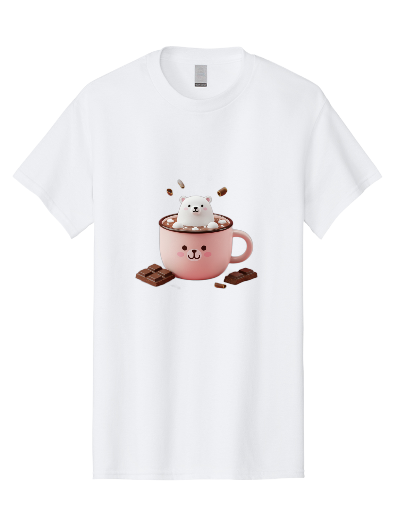 Polar-Bear-Mug Men'S Graphic Tee, 100% Cotton, Comfortable Casual Summer Wear, Machine Washable, Polar Bear In A Pink Mug, Hot Chocolate, Marshmallows, Chocolate Bars, Bear Face, Cartoon Style, Kawaii, Cute, Winter Vibe, Cozy Atmosphere Bae659