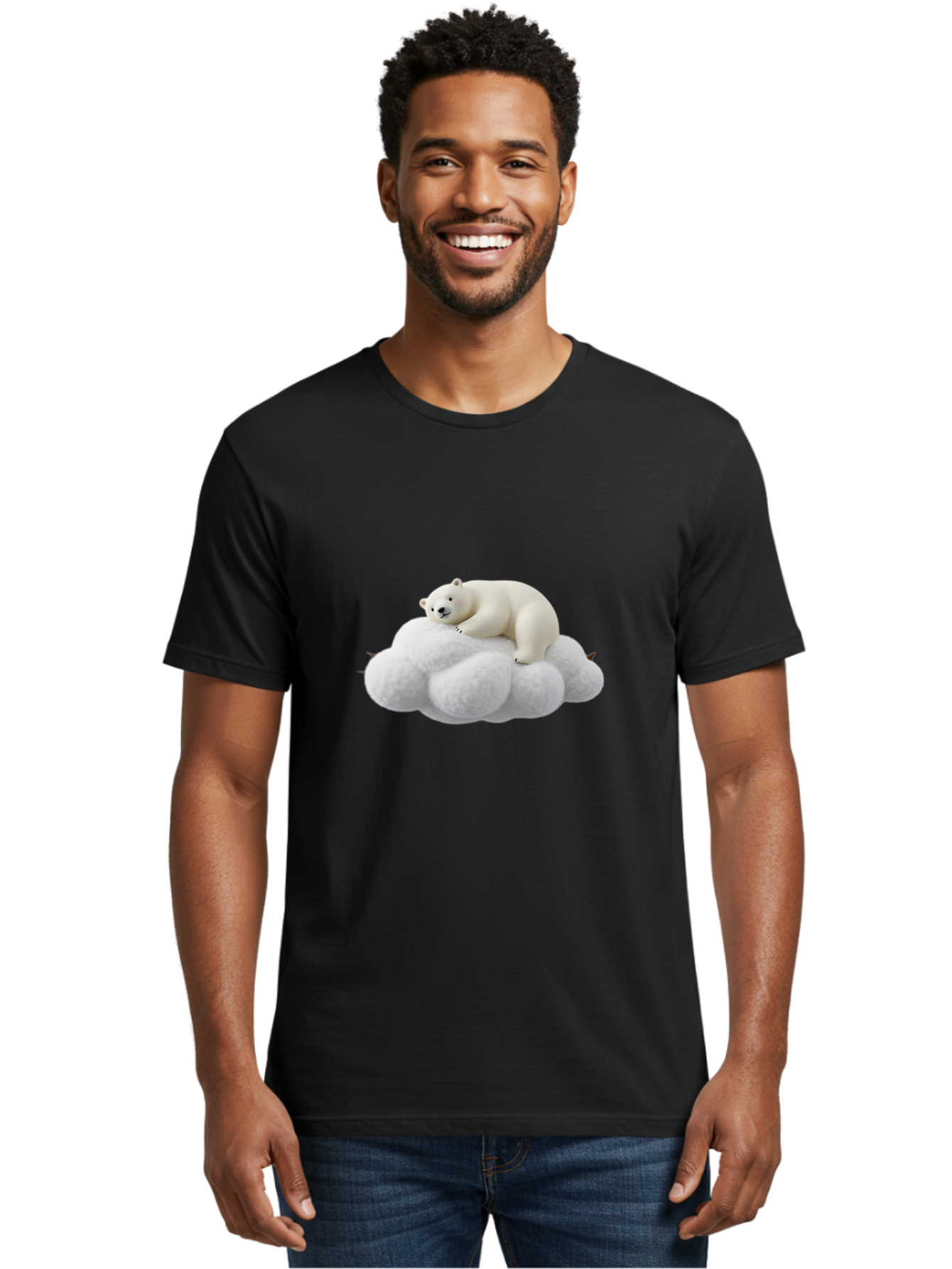 Polar-Bear-On-Cloud-1 Men'S Graphic Tee, 100% Cotton, Comfortable Casual Summer Wear, Machine Washable, Polar Bear Resting On Fluffy White Cloud, Serene Atmosphere, Dreamy Scene, Cute Wildlife, Peaceful Slumber, Adorable Polar Bear Bae660