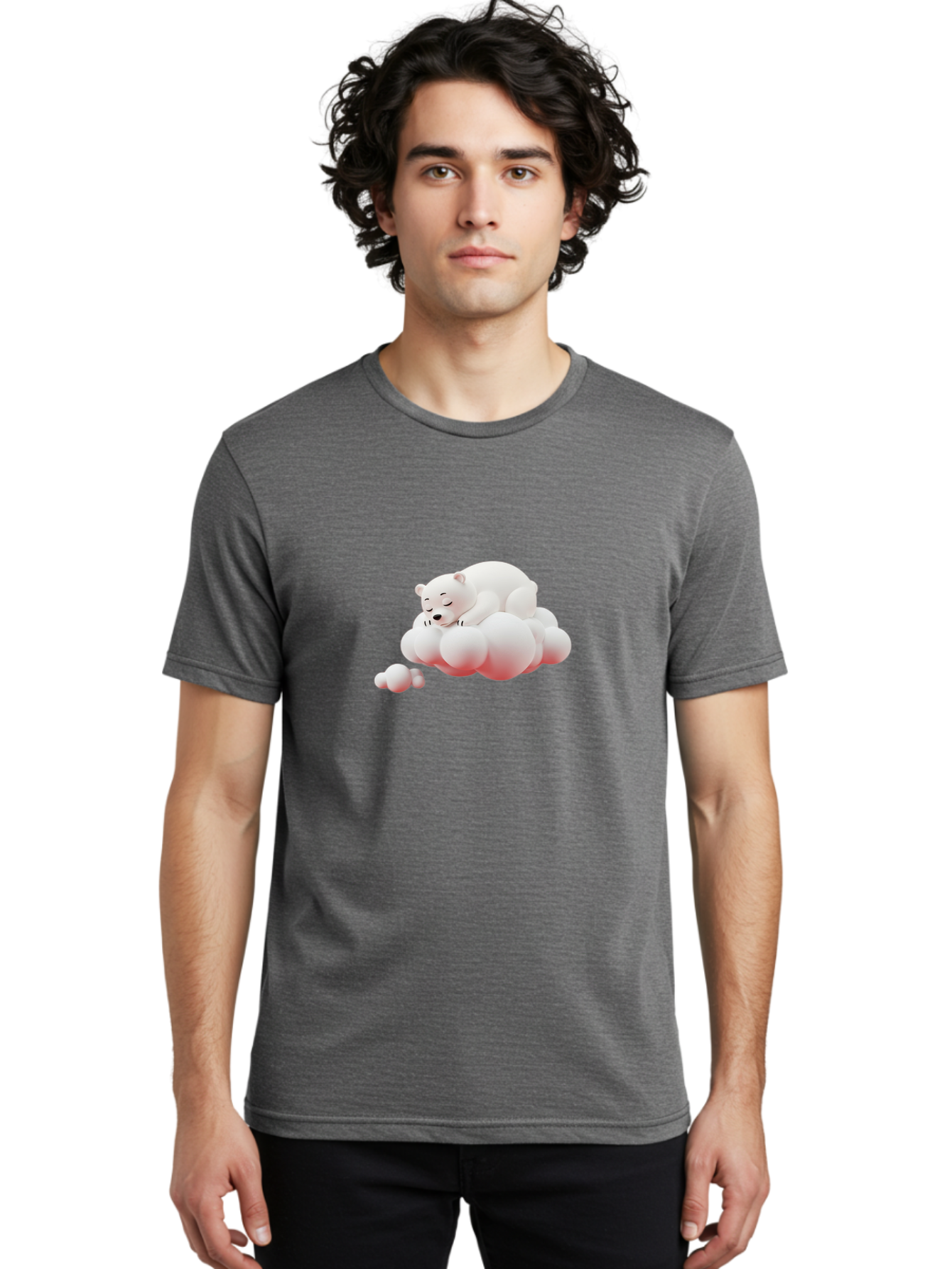 Polar-Bear-On-Cloud-2 Men'S Graphic Tee, 100% Cotton, Comfortable Casual Summer Wear, Machine Washable, Sleeping Polar Bear, Cartoon Character, Fluffy Clouds, Peaceful Scene, Adorable Animal, Dreamy Atmosphere, Cute Illustration, Digital Art, Bae661