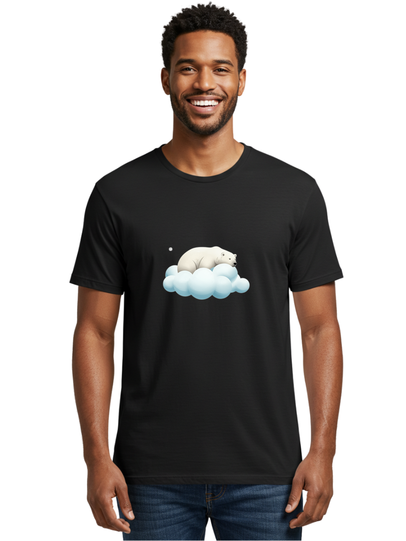 Polar-Bear-On-Cloud-3 Men'S Graphic Tee, 100% Cotton, Comfortable Casual Summer Wear, Machine Washable, Sleeping Polar Bear, Cloud, Serene Scene, Cute Cartoon, Digital Art, Fluffy Clouds, Polar Bear On Cloud, Dreamy Atmosphere, Bae662