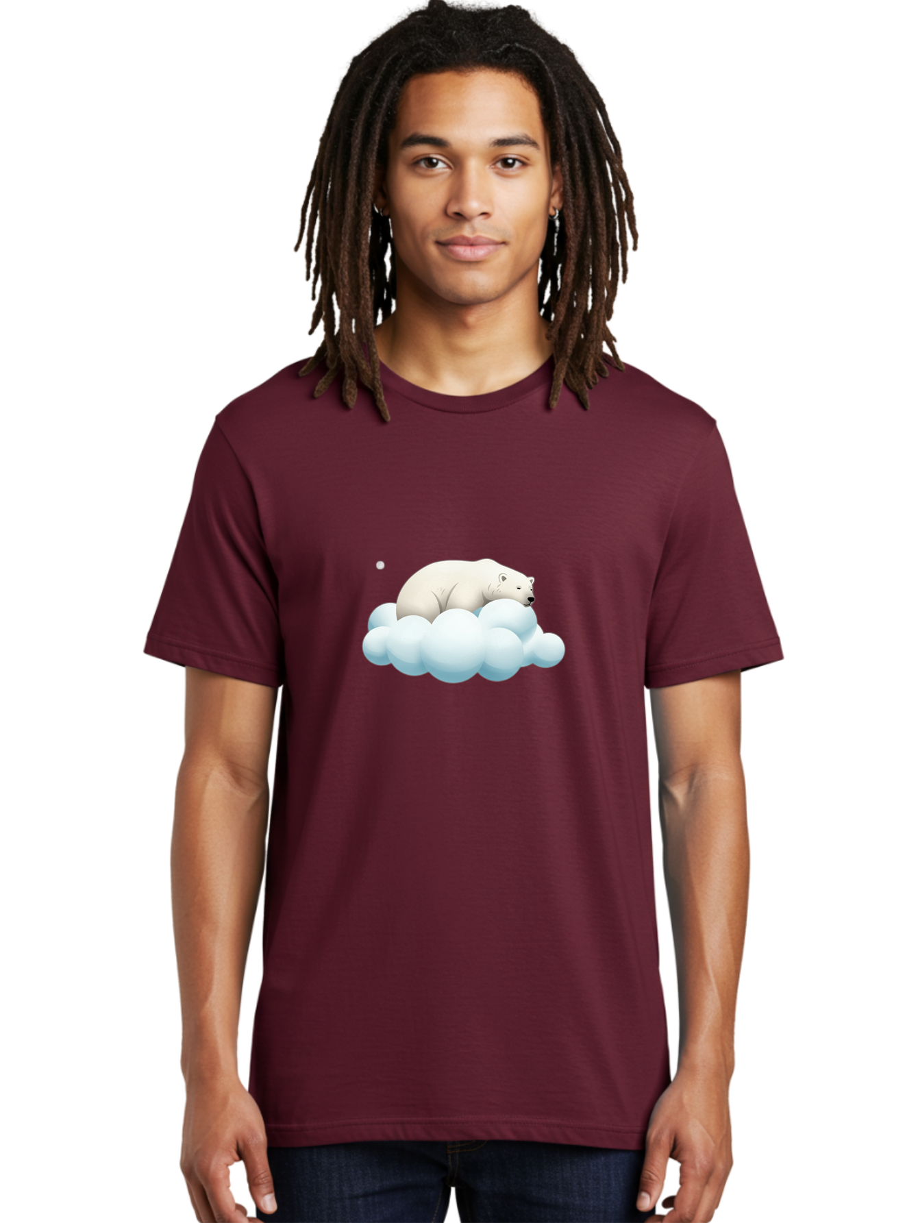 Polar-Bear-On-Cloud-3 Men'S Graphic Tee, 100% Cotton, Comfortable Casual Summer Wear, Machine Washable, Sleeping Polar Bear, Cloud, Serene Scene, Cute Cartoon, Digital Art, Fluffy Clouds, Polar Bear On Cloud, Dreamy Atmosphere, Bae662
