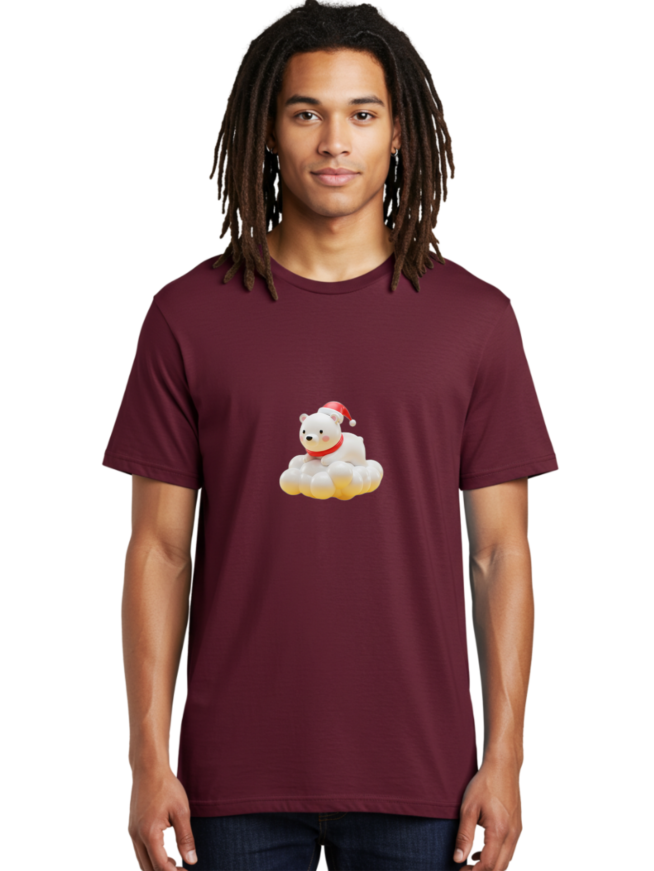 Polar-Bear-On-Cloud Men'S Graphic Tee, 100% Cotton, Comfortable Casual Summer Wear, Machine Washable, White Polar Bear, Red Santa Hat, Red Scarf, Cute Figurine, Christmas Decoration, Holiday Icon, Winter Wonderland, Festive Character Bae663