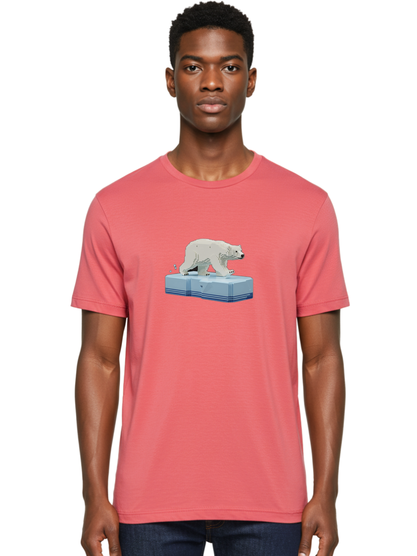 Polar-Bear-On-Iceberg-2 Men'S Graphic Tee, 100% Cotton, Comfortable Casual Summer Wear, Machine Washable, Polar Bear On Ice, 3D Model, White Bear, Arctic Wildlife, Frozen Landscape, Icy Platform, Digital Art, Low Poly, Pixelated Effect, Bae665