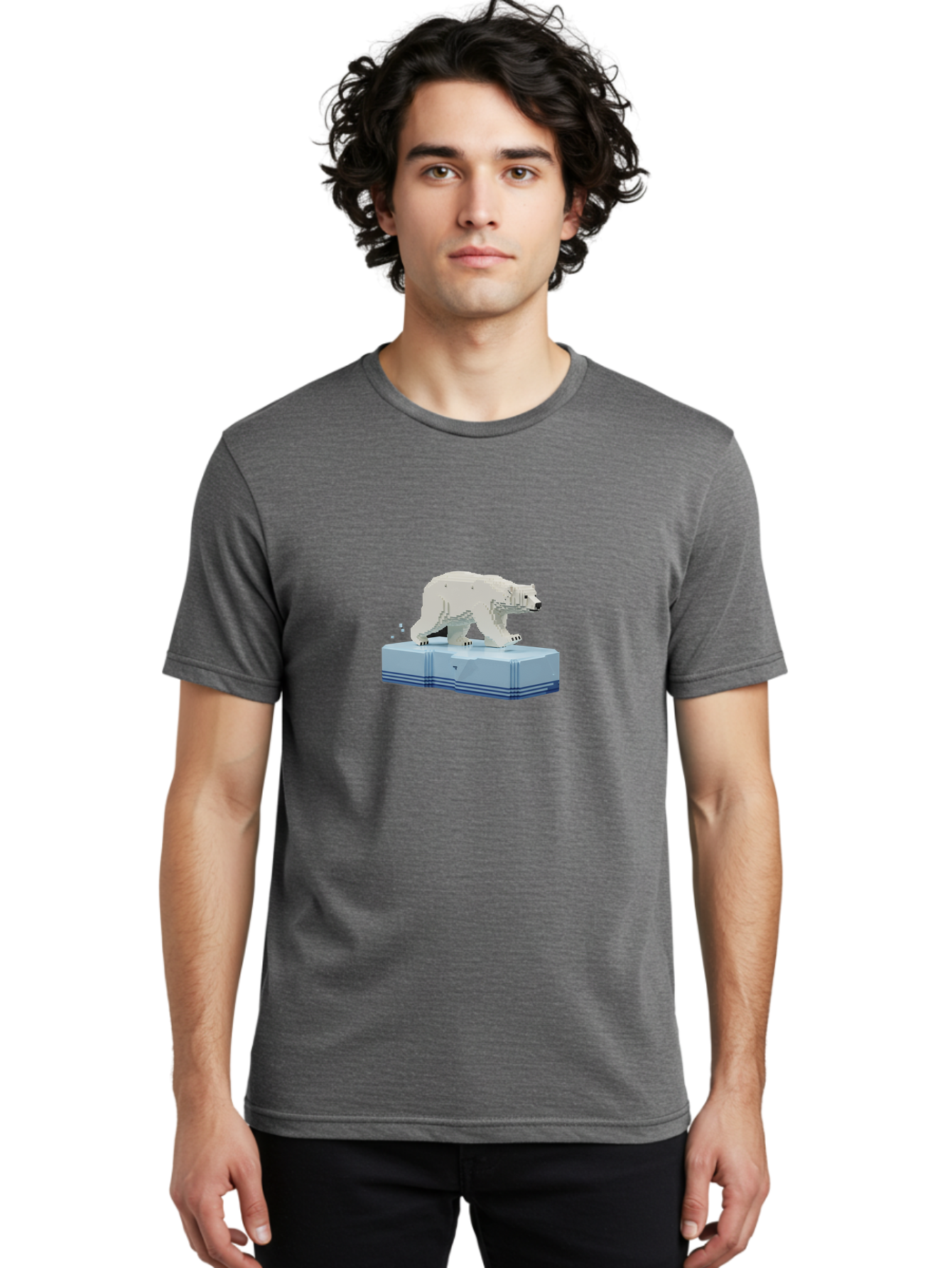 Polar-Bear-On-Iceberg-2 Men'S Graphic Tee, 100% Cotton, Comfortable Casual Summer Wear, Machine Washable, Polar Bear On Ice, 3D Model, White Bear, Arctic Wildlife, Frozen Landscape, Icy Platform, Digital Art, Low Poly, Pixelated Effect, Bae665