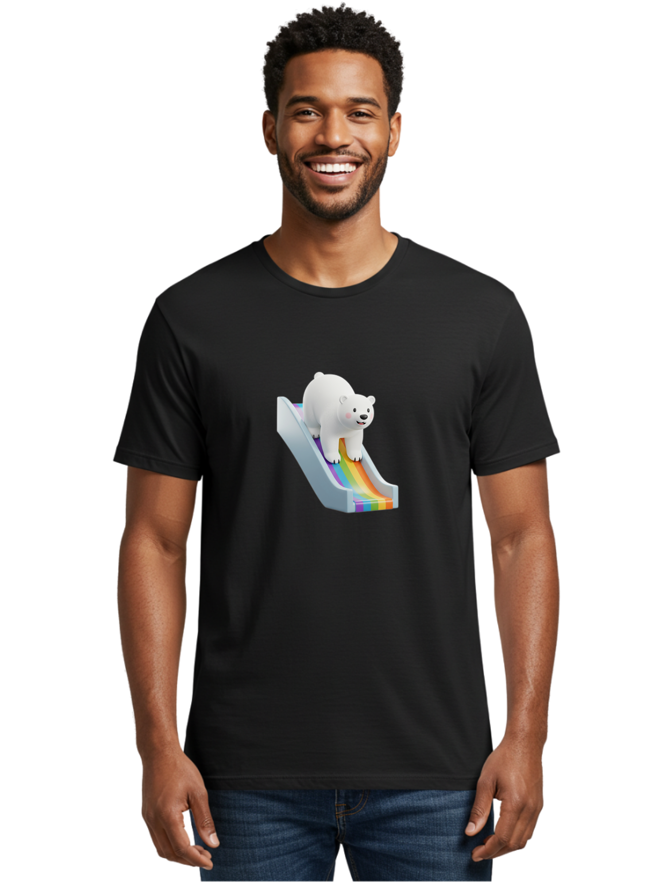 Polar-Bear-On-Slide Men'S Graphic Tee, 100% Cotton, Comfortable Casual Summer Wear, Machine Washable, Polar Bear On A Rainbow Slide, Cute Cartoon Bear, Playful Scene, 3D Illustration, Colorful Slide, Joyful Atmosphere, Kawaii Art, Bae667