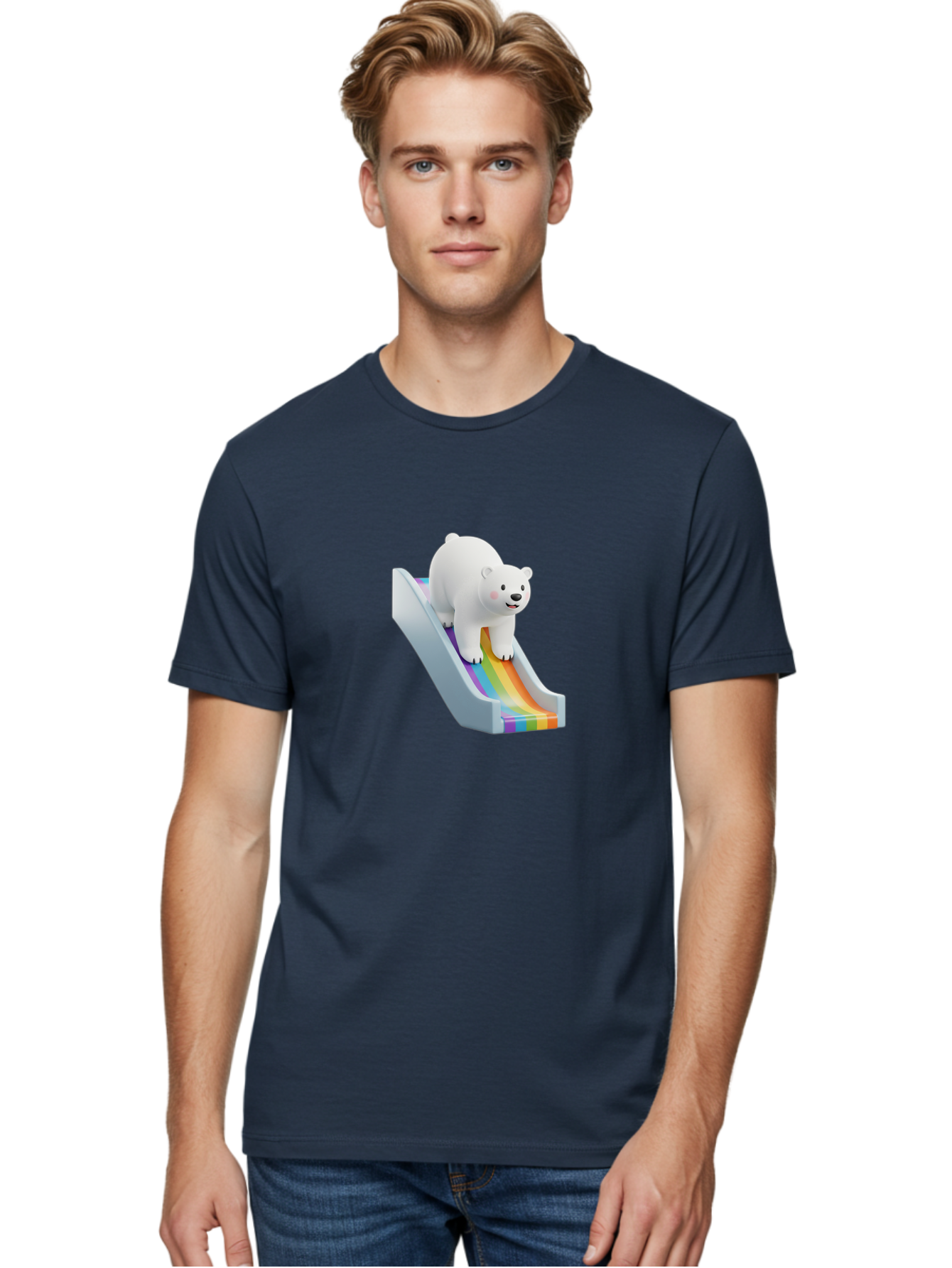 Polar-Bear-On-Slide Men'S Graphic Tee, 100% Cotton, Comfortable Casual Summer Wear, Machine Washable, Polar Bear On A Rainbow Slide, Cute Cartoon Bear, Playful Scene, 3D Illustration, Colorful Slide, Joyful Atmosphere, Kawaii Art, Bae667