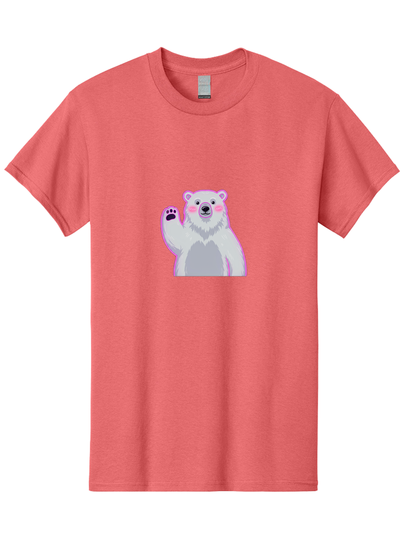 Polar-Bear-Waving Men'S Graphic Tee, 100% Cotton, Comfortable Casual Summer Wear, Machine Washable, Cartoon Polar Bear, Waving Hand, Cute Animal, Kawaii Illustration, Pink Cheeks, White Fur, Friendly Gesture, Adorable Character Bae669