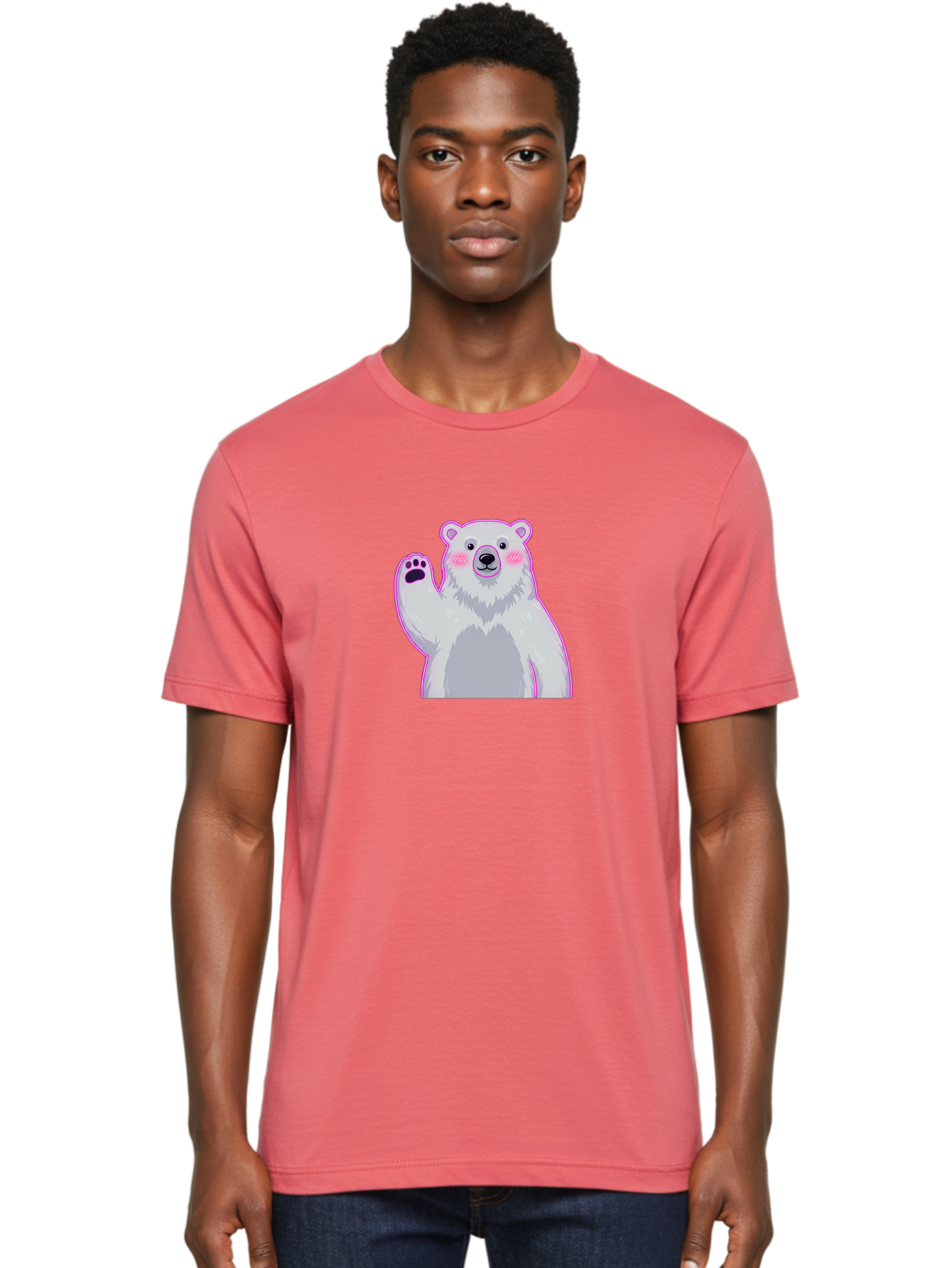 Polar-Bear-Waving Men'S Graphic Tee, 100% Cotton, Comfortable Casual Summer Wear, Machine Washable, Cartoon Polar Bear, Waving Hand, Cute Animal, Kawaii Illustration, Pink Cheeks, White Fur, Friendly Gesture, Adorable Character Bae669