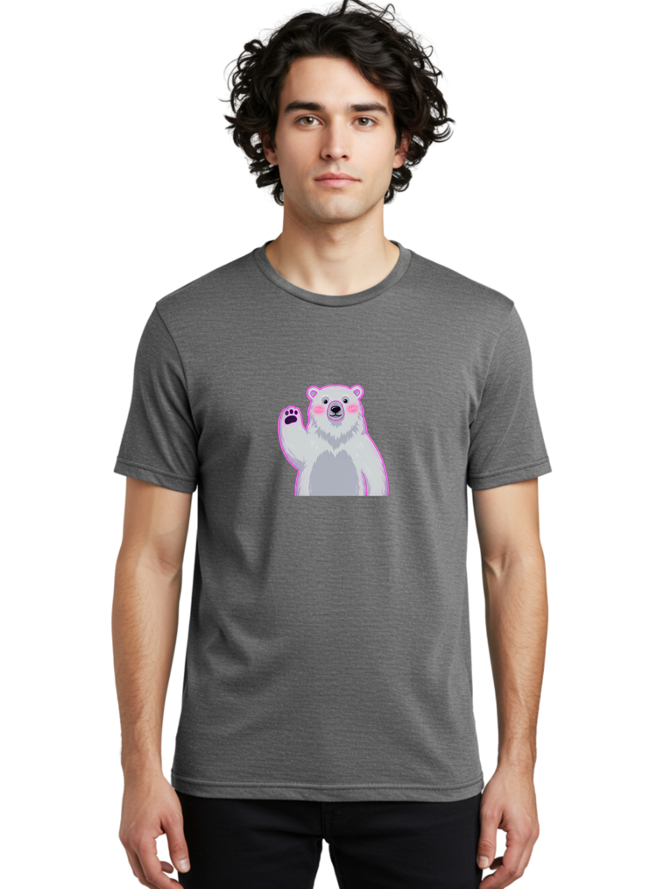 Polar-Bear-Waving Men'S Graphic Tee, 100% Cotton, Comfortable Casual Summer Wear, Machine Washable, Cartoon Polar Bear, Waving Hand, Cute Animal, Kawaii Illustration, Pink Cheeks, White Fur, Friendly Gesture, Adorable Character Bae669