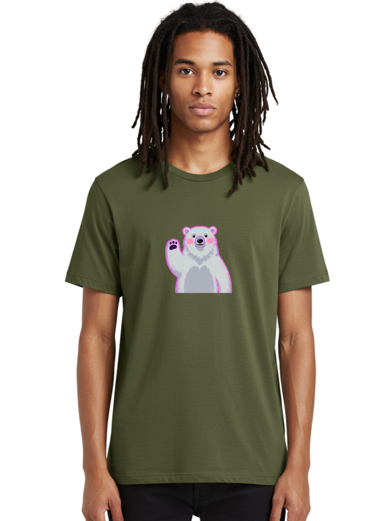 Polar-Bear-Waving Men'S Graphic Tee, 100% Cotton, Comfortable Casual Summer Wear, Machine Washable, Cartoon Polar Bear, Waving Hand, Cute Animal, Kawaii Illustration, Pink Cheeks, White Fur, Friendly Gesture, Adorable Character Bae669
