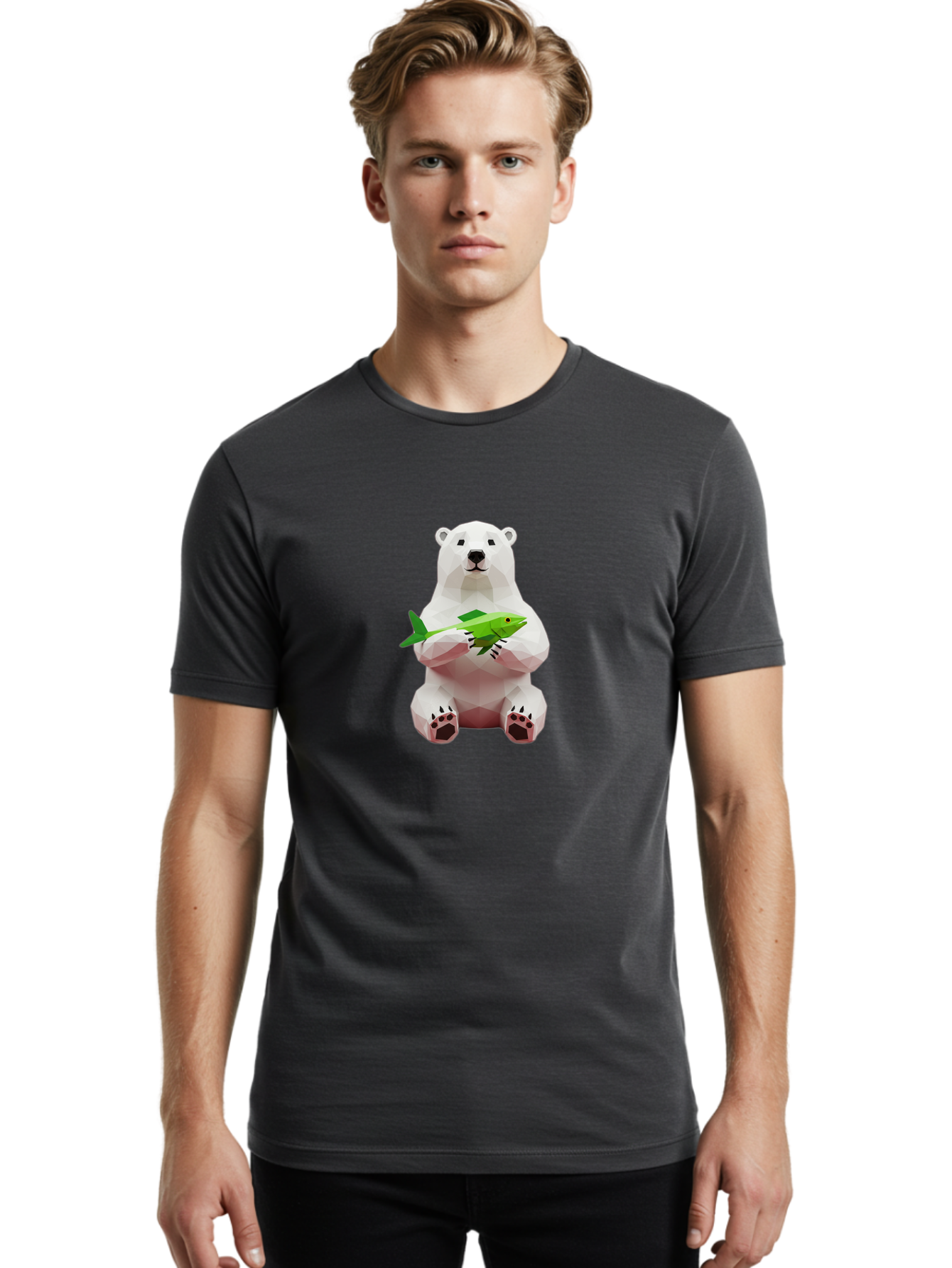 Polar-Bear-With-Fish-1 Men'S Graphic Tee, 100% Cotton, Comfortable Casual Summer Wear, Machine Washable, Low-Poly Polar Bear, 3D Illustration, Holding Fish, Arctic Wildlife, Geometric Art, Polar Bear Illustration, Wildlife Artwork, Bae670