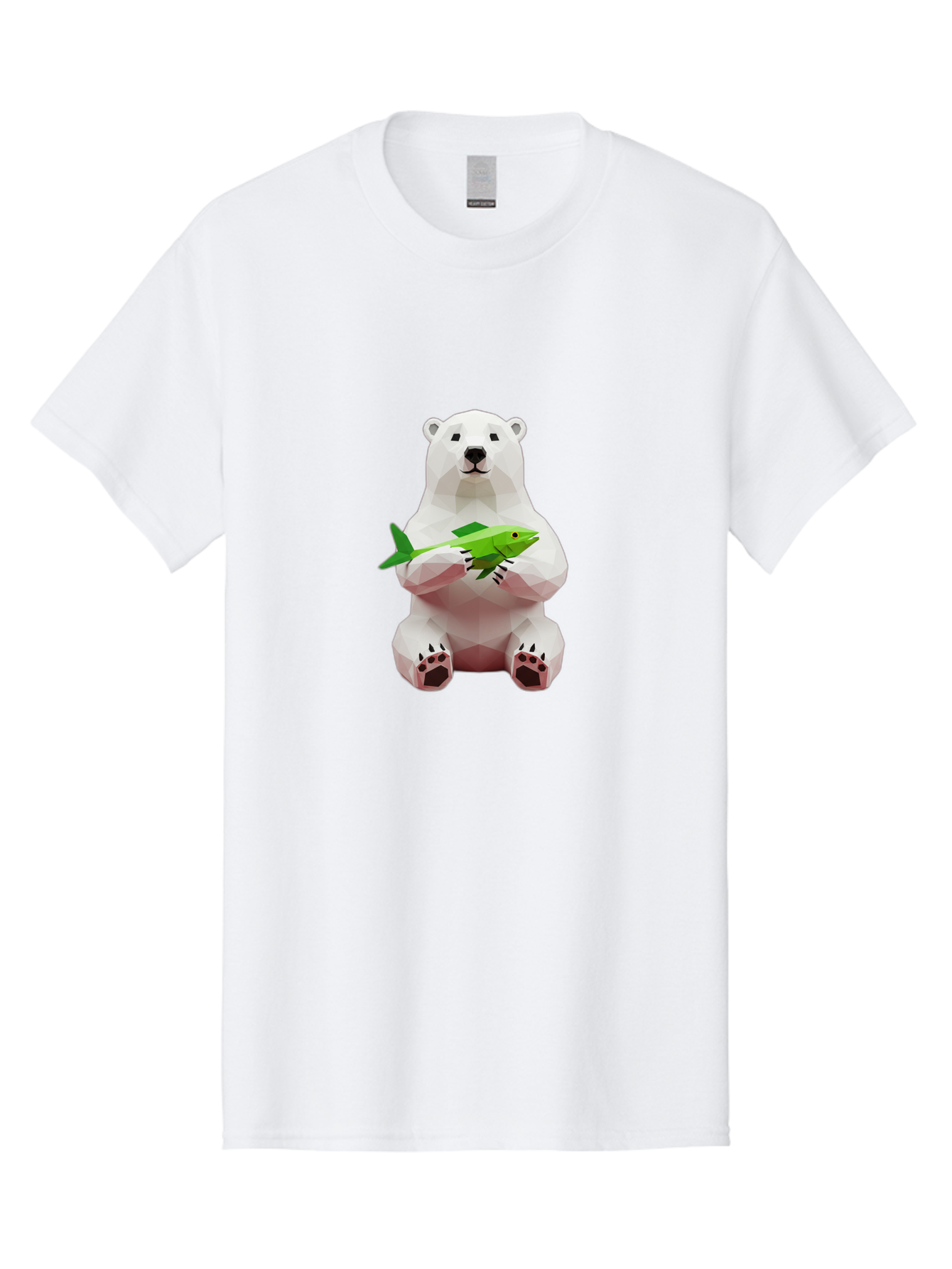 Polar-Bear-With-Fish-1 Men'S Graphic Tee, 100% Cotton, Comfortable Casual Summer Wear, Machine Washable, Low-Poly Polar Bear, 3D Illustration, Holding Fish, Arctic Wildlife, Geometric Art, Polar Bear Illustration, Wildlife Artwork, Bae670
