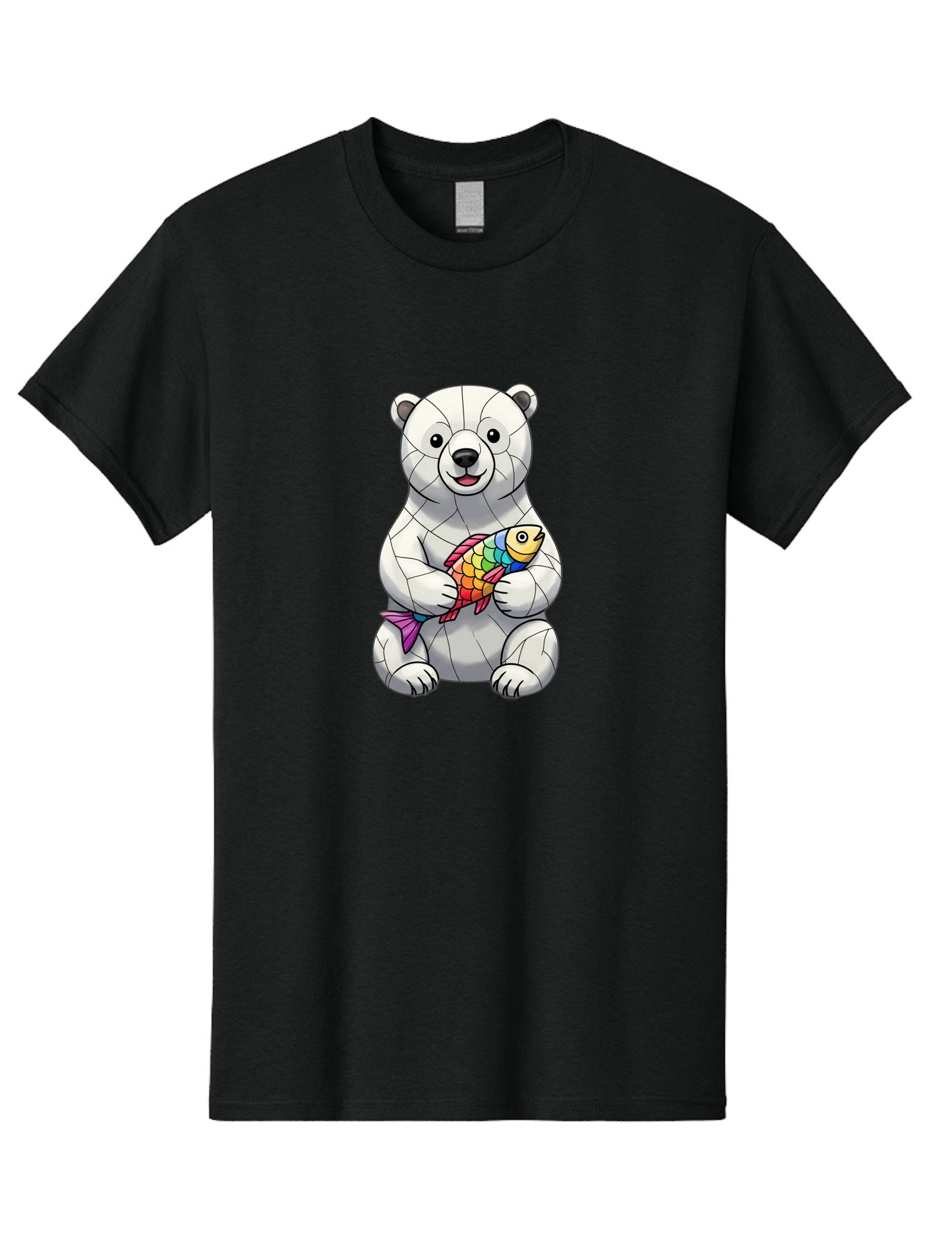 Polar-Bear-With-Fish-2 Men'S Graphic Tee, 100% Cotton, Comfortable Casual Summer Wear, Machine Washable, Polar Bear Holding Koi Fish, Cartoon Polar Bear, Rainbow Fish, White Bear, Colorful Art, Digital Illustration, Cute Bear, Playful Design, Bae671