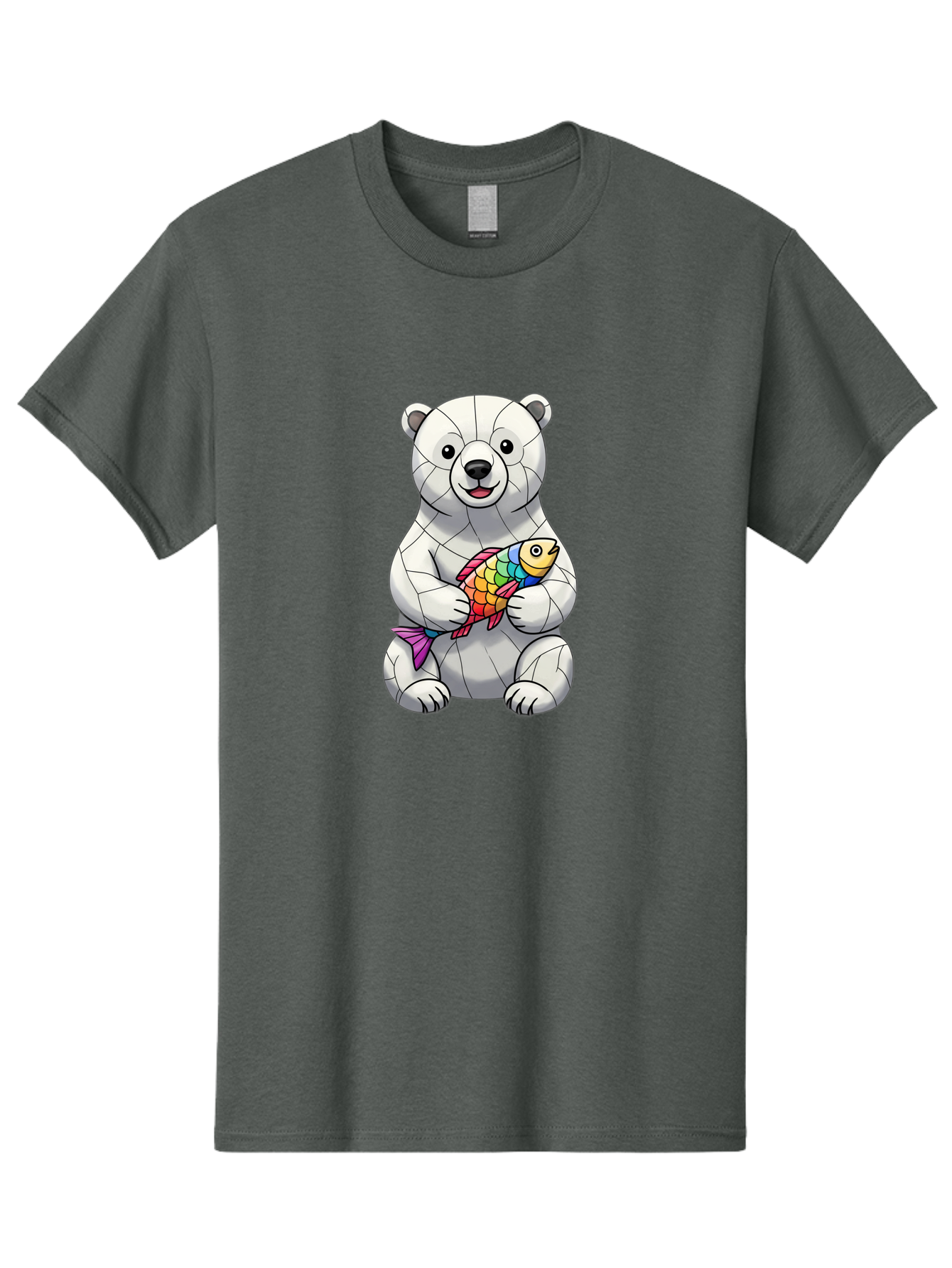 Polar-Bear-With-Fish-2 Men'S Graphic Tee, 100% Cotton, Comfortable Casual Summer Wear, Machine Washable, Polar Bear Holding Koi Fish, Cartoon Polar Bear, Rainbow Fish, White Bear, Colorful Art, Digital Illustration, Cute Bear, Playful Design, Bae671