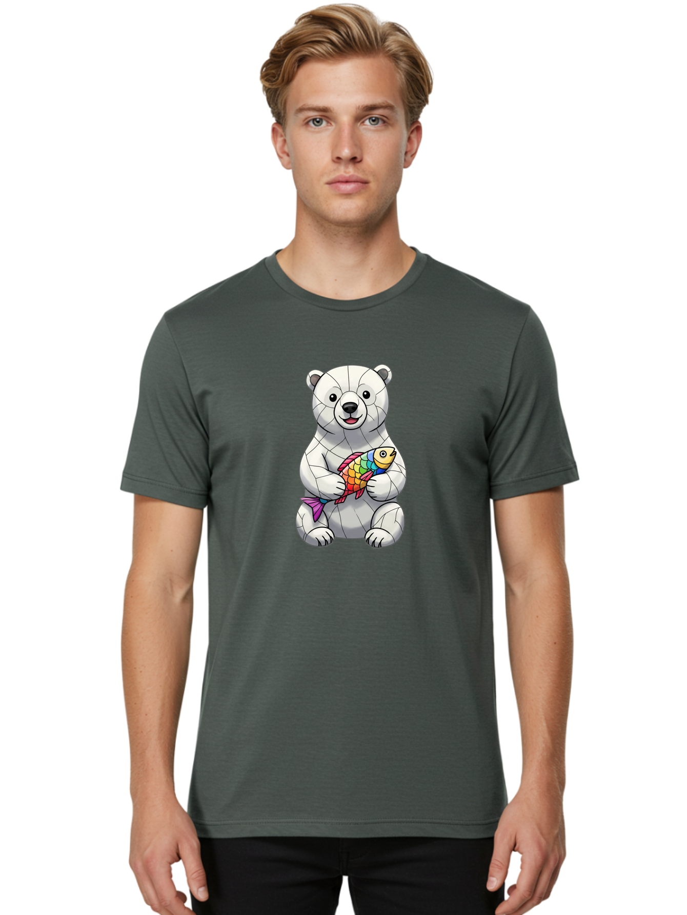 Polar-Bear-With-Fish-2 Men'S Graphic Tee, 100% Cotton, Comfortable Casual Summer Wear, Machine Washable, Polar Bear Holding Koi Fish, Cartoon Polar Bear, Rainbow Fish, White Bear, Colorful Art, Digital Illustration, Cute Bear, Playful Design, Bae671