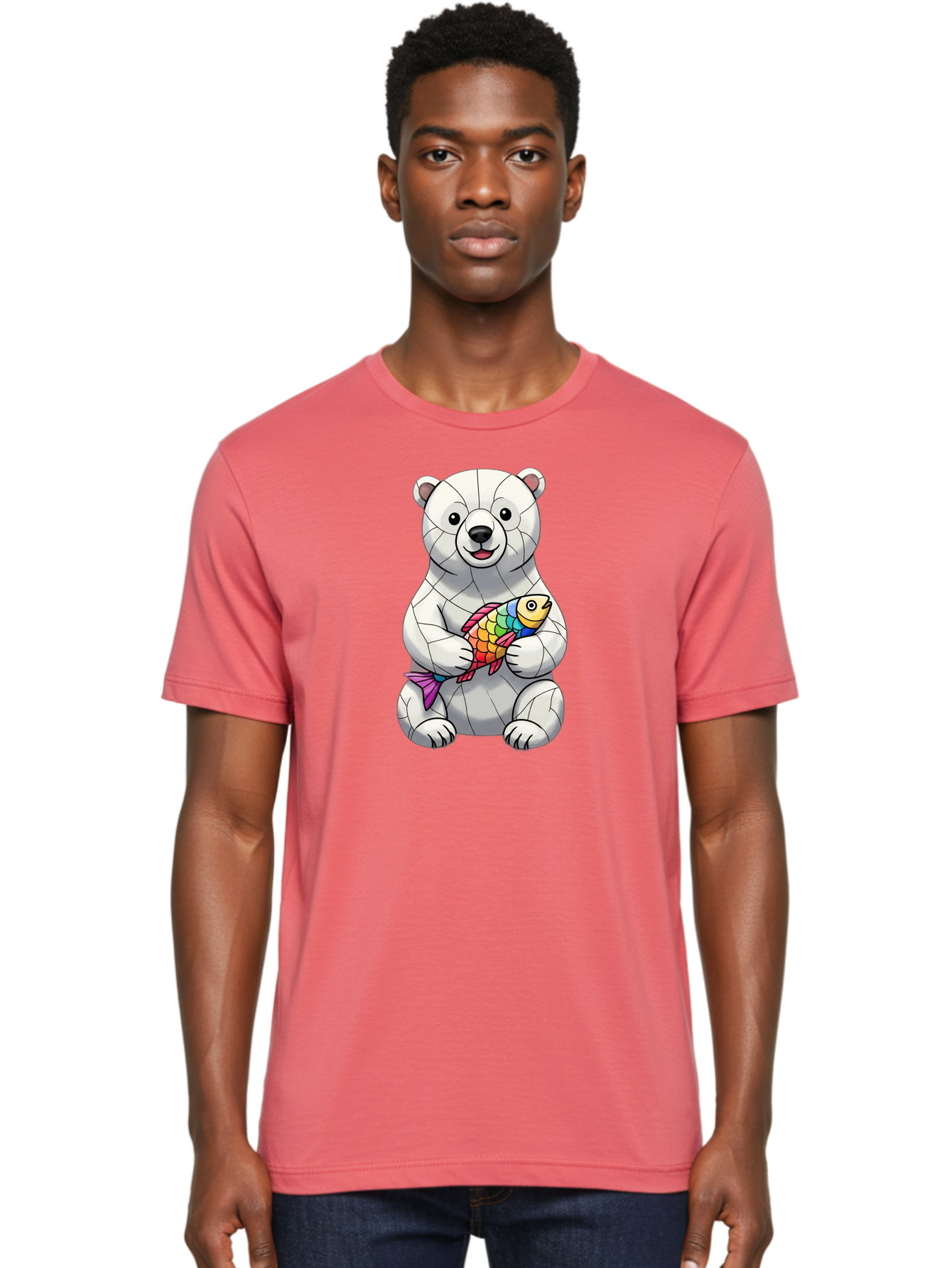 Polar-Bear-With-Fish-2 Men'S Graphic Tee, 100% Cotton, Comfortable Casual Summer Wear, Machine Washable, Polar Bear Holding Koi Fish, Cartoon Polar Bear, Rainbow Fish, White Bear, Colorful Art, Digital Illustration, Cute Bear, Playful Design, Bae671