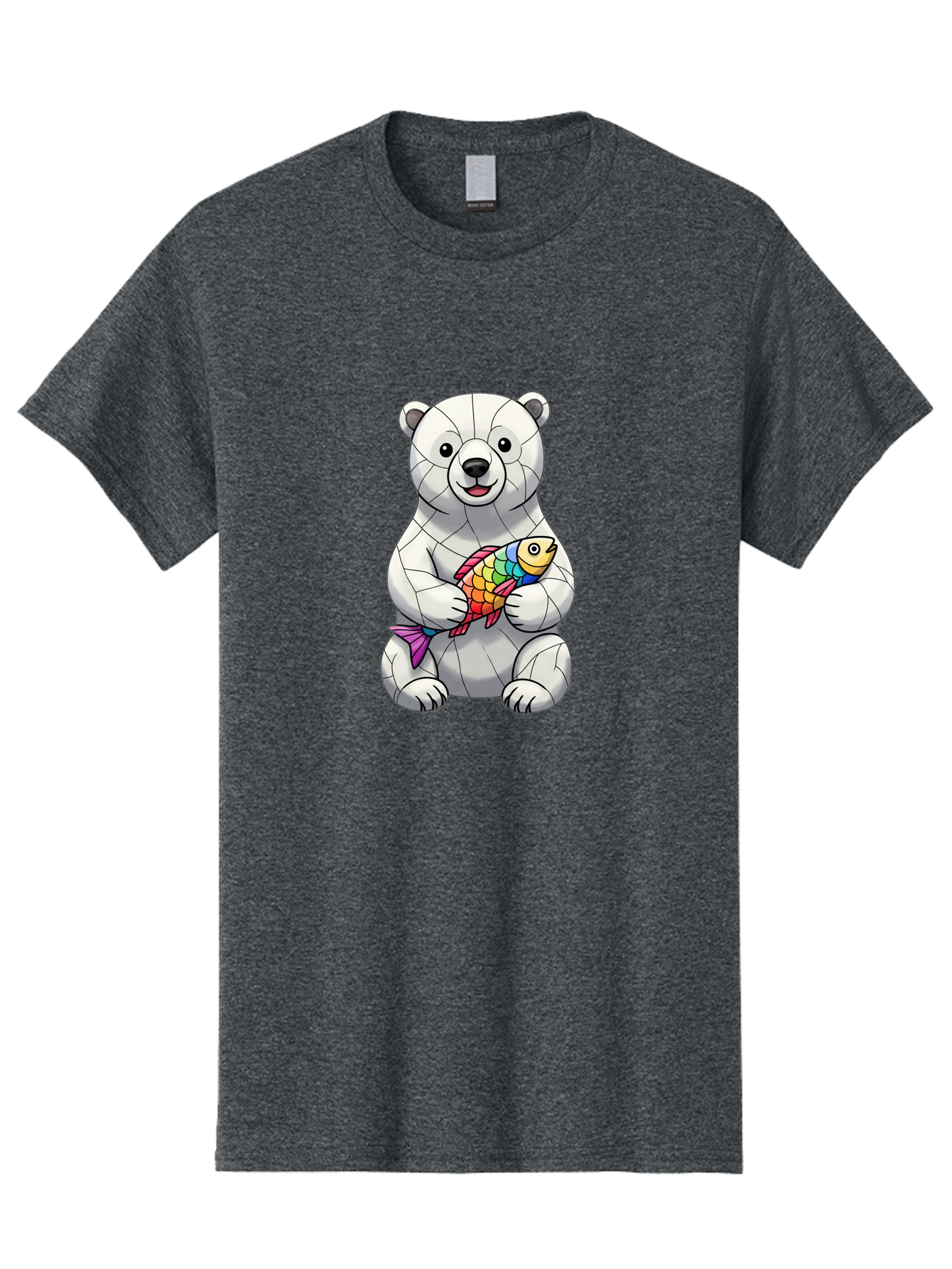 Polar-Bear-With-Fish-2 Men'S Graphic Tee, 100% Cotton, Comfortable Casual Summer Wear, Machine Washable, Polar Bear Holding Koi Fish, Cartoon Polar Bear, Rainbow Fish, White Bear, Colorful Art, Digital Illustration, Cute Bear, Playful Design, Bae671
