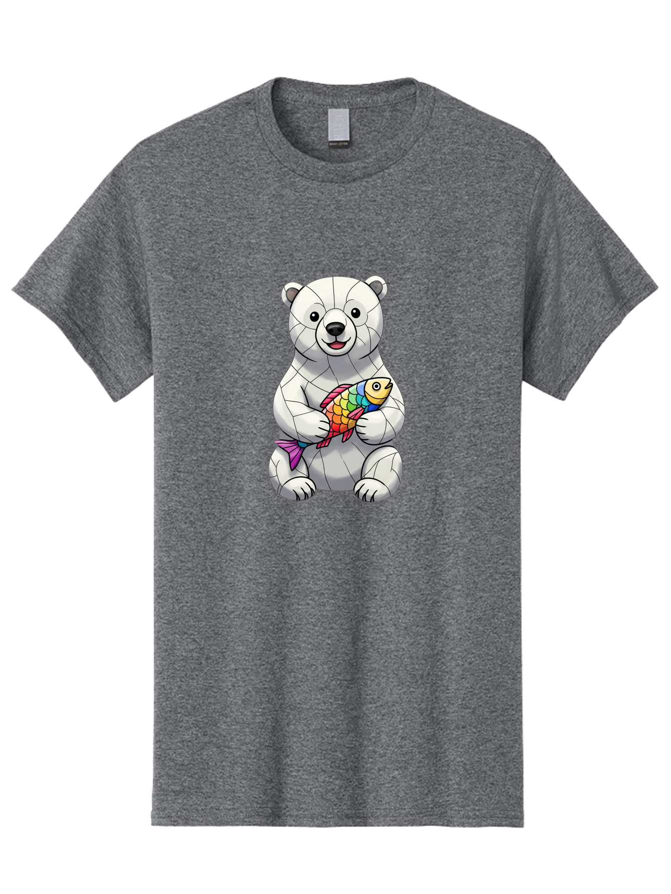 Polar-Bear-With-Fish-2 Men'S Graphic Tee, 100% Cotton, Comfortable Casual Summer Wear, Machine Washable, Polar Bear Holding Koi Fish, Cartoon Polar Bear, Rainbow Fish, White Bear, Colorful Art, Digital Illustration, Cute Bear, Playful Design, Bae671