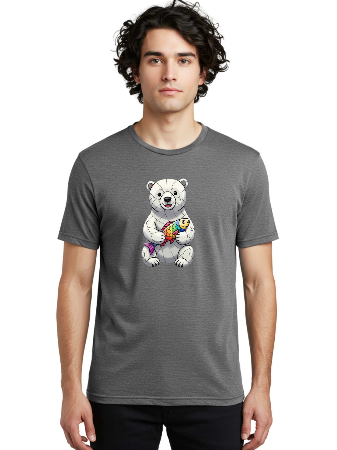 Polar-Bear-With-Fish-2 Men'S Graphic Tee, 100% Cotton, Comfortable Casual Summer Wear, Machine Washable, Polar Bear Holding Koi Fish, Cartoon Polar Bear, Rainbow Fish, White Bear, Colorful Art, Digital Illustration, Cute Bear, Playful Design, Bae671
