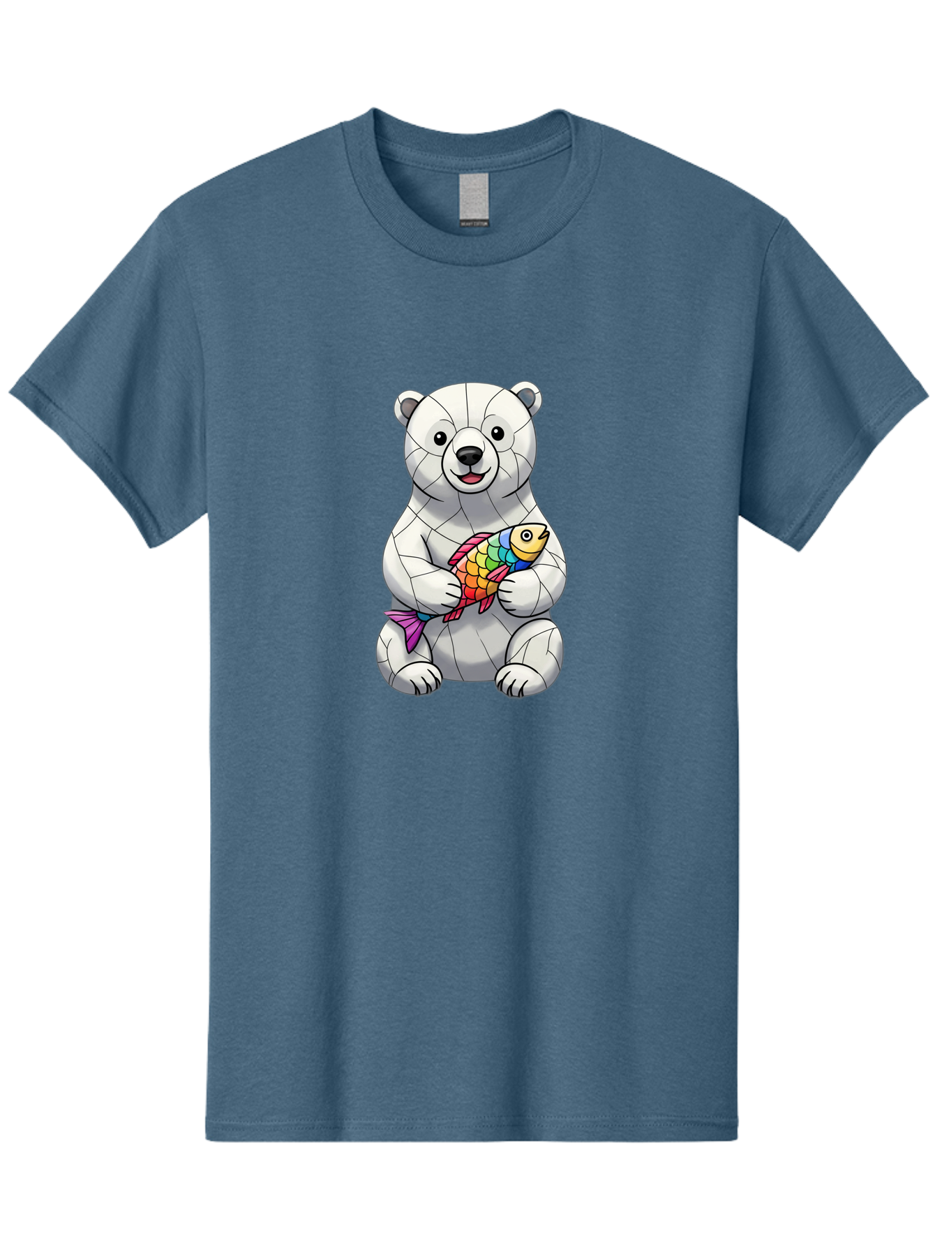 Polar-Bear-With-Fish-2 Men'S Graphic Tee, 100% Cotton, Comfortable Casual Summer Wear, Machine Washable, Polar Bear Holding Koi Fish, Cartoon Polar Bear, Rainbow Fish, White Bear, Colorful Art, Digital Illustration, Cute Bear, Playful Design, Bae671