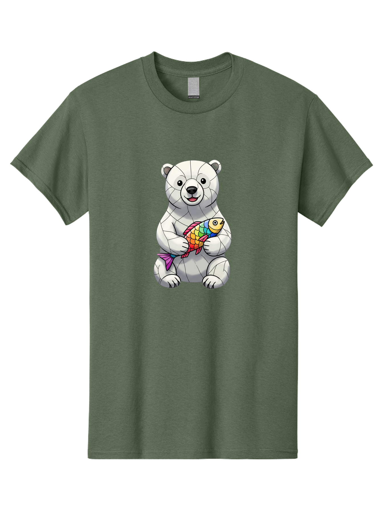 Polar-Bear-With-Fish-2 Men'S Graphic Tee, 100% Cotton, Comfortable Casual Summer Wear, Machine Washable, Polar Bear Holding Koi Fish, Cartoon Polar Bear, Rainbow Fish, White Bear, Colorful Art, Digital Illustration, Cute Bear, Playful Design, Bae671