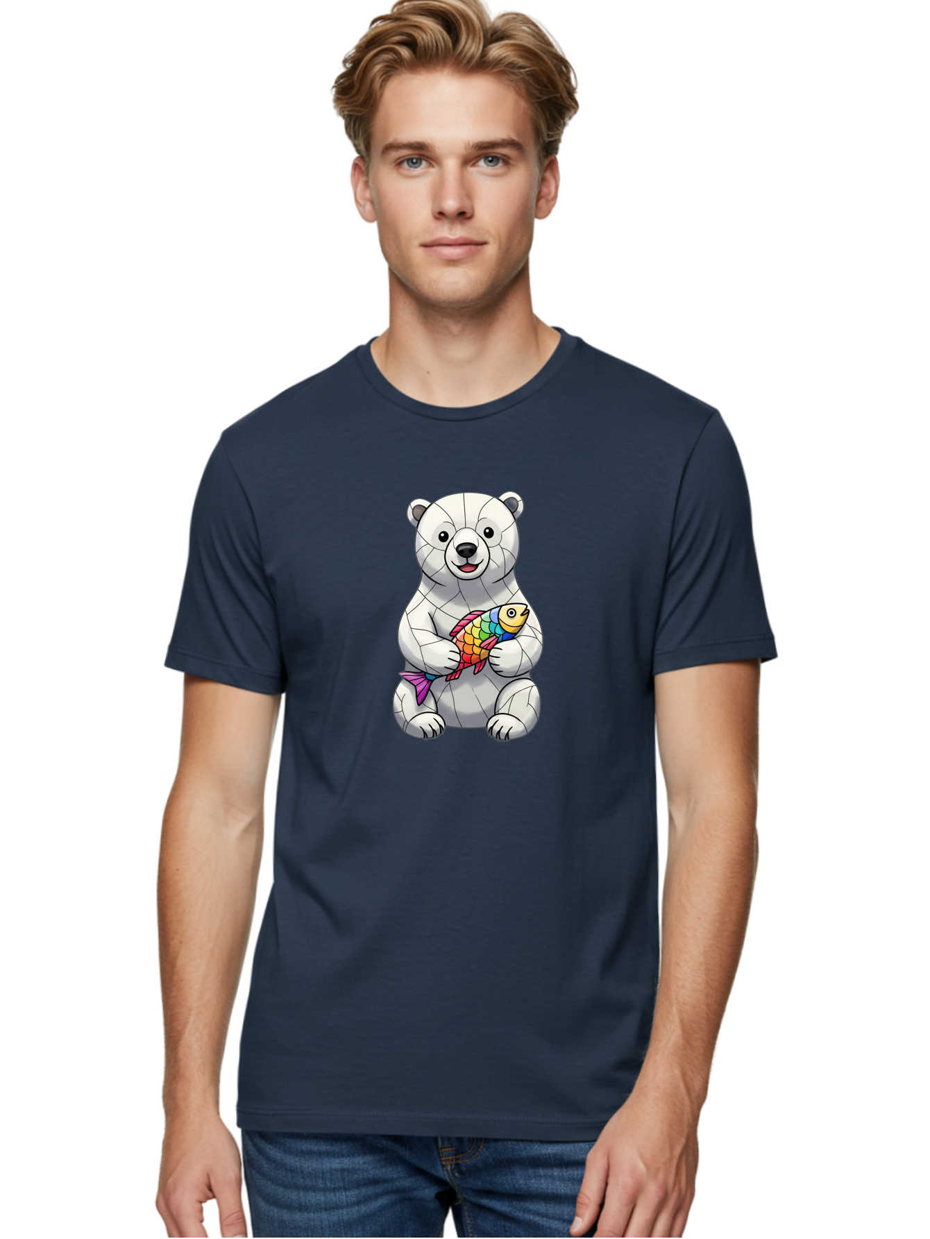 Polar-Bear-With-Fish-2 Men'S Graphic Tee, 100% Cotton, Comfortable Casual Summer Wear, Machine Washable, Polar Bear Holding Koi Fish, Cartoon Polar Bear, Rainbow Fish, White Bear, Colorful Art, Digital Illustration, Cute Bear, Playful Design, Bae671