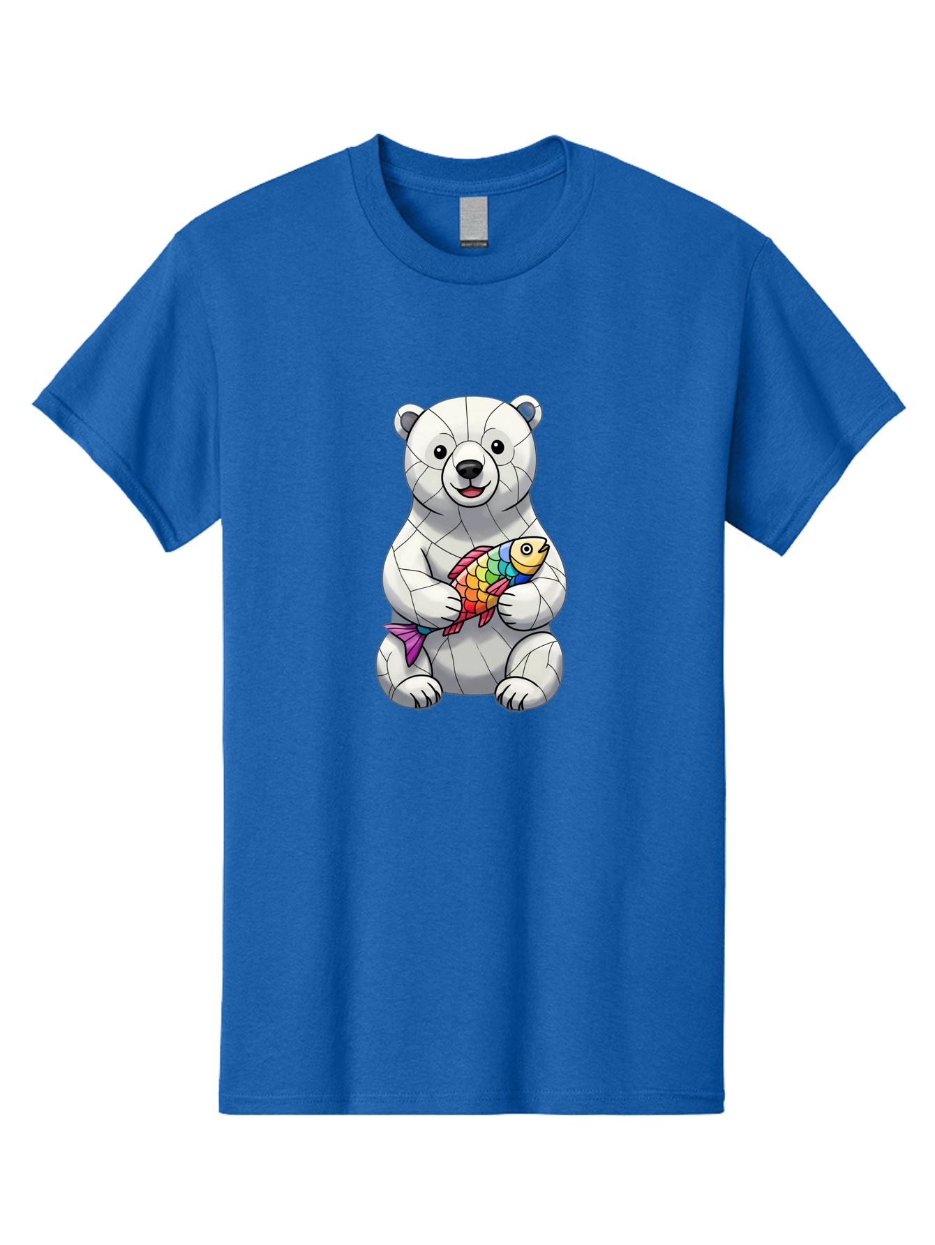 Polar-Bear-With-Fish-2 Men'S Graphic Tee, 100% Cotton, Comfortable Casual Summer Wear, Machine Washable, Polar Bear Holding Koi Fish, Cartoon Polar Bear, Rainbow Fish, White Bear, Colorful Art, Digital Illustration, Cute Bear, Playful Design, Bae671