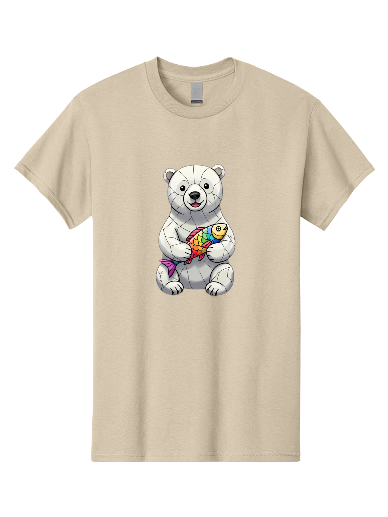 Polar-Bear-With-Fish-2 Men'S Graphic Tee, 100% Cotton, Comfortable Casual Summer Wear, Machine Washable, Polar Bear Holding Koi Fish, Cartoon Polar Bear, Rainbow Fish, White Bear, Colorful Art, Digital Illustration, Cute Bear, Playful Design, Bae671