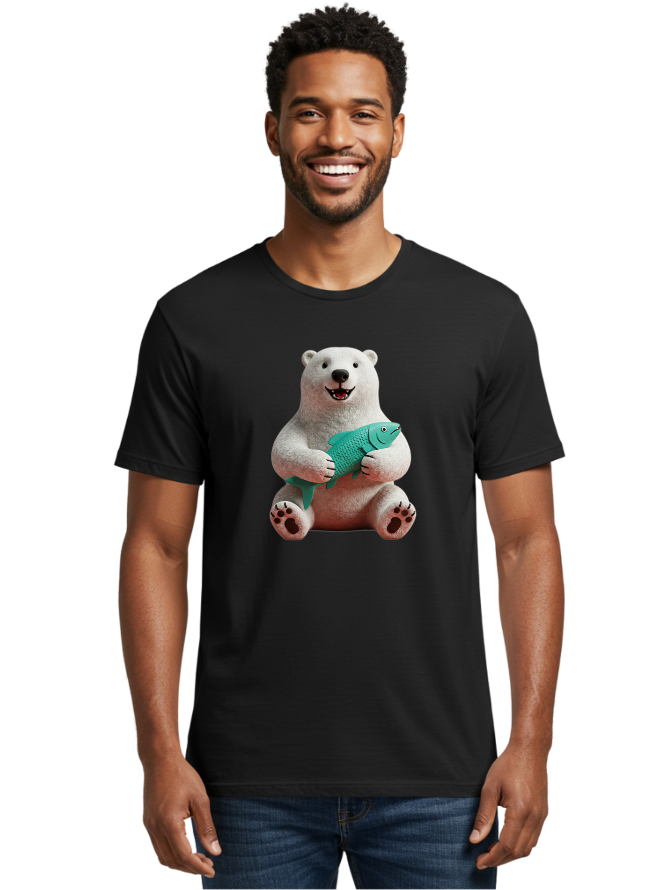 Polar-Bear-With-Fish-3 Men'S Graphic Tee, 100% Cotton, Comfortable Casual Summer Wear, Machine Washable, Polar Bear Holding Fish, White Fur, Cartoon Character, Smiling Bear, Turquoise Fish, Happy Expression, Cute Illustration, Wildlife Art Bae672