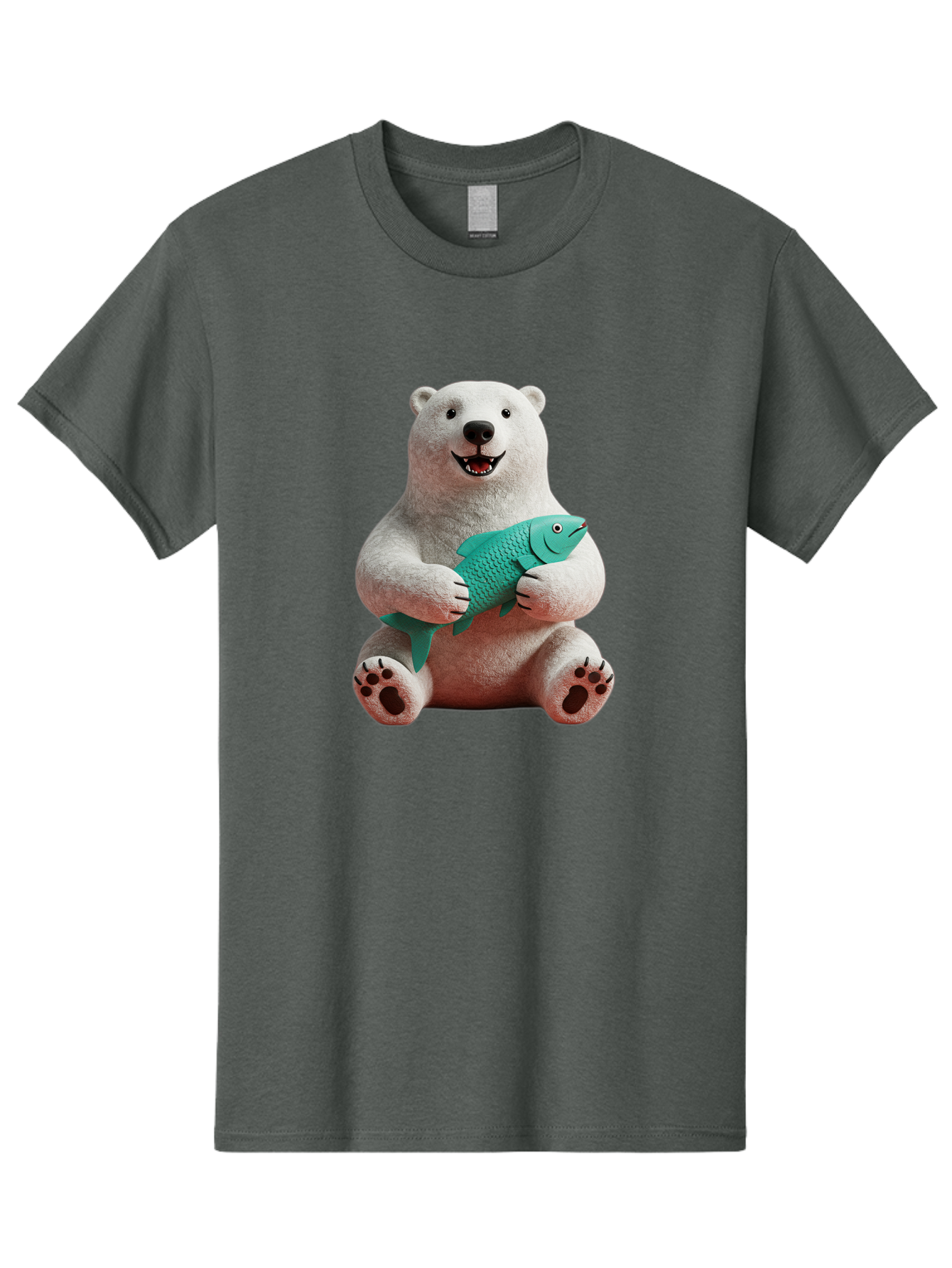 Polar-Bear-With-Fish-3 Men'S Graphic Tee, 100% Cotton, Comfortable Casual Summer Wear, Machine Washable, Polar Bear Holding Fish, White Fur, Cartoon Character, Smiling Bear, Turquoise Fish, Happy Expression, Cute Illustration, Wildlife Art Bae672
