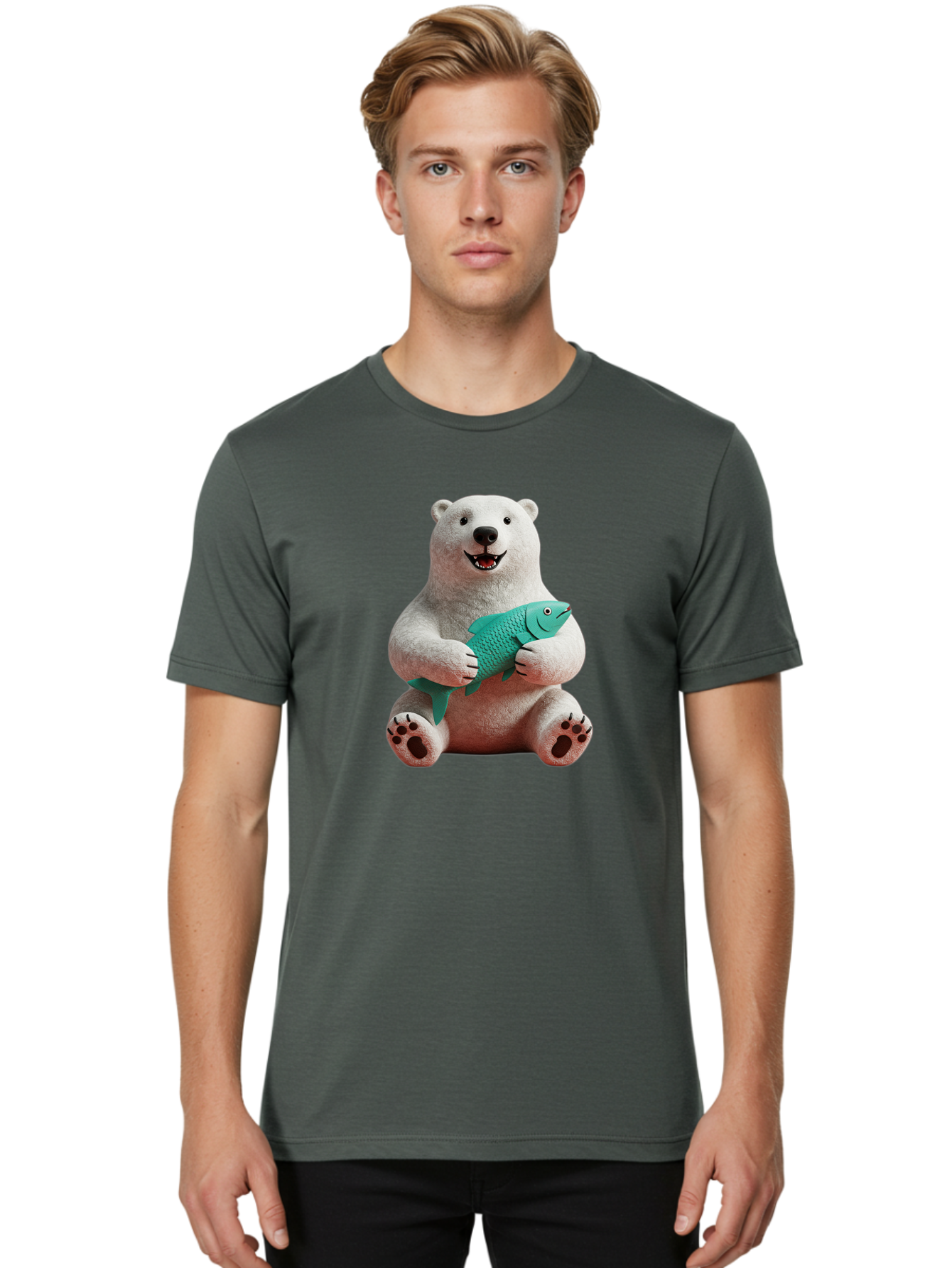 Polar-Bear-With-Fish-3 Men'S Graphic Tee, 100% Cotton, Comfortable Casual Summer Wear, Machine Washable, Polar Bear Holding Fish, White Fur, Cartoon Character, Smiling Bear, Turquoise Fish, Happy Expression, Cute Illustration, Wildlife Art Bae672