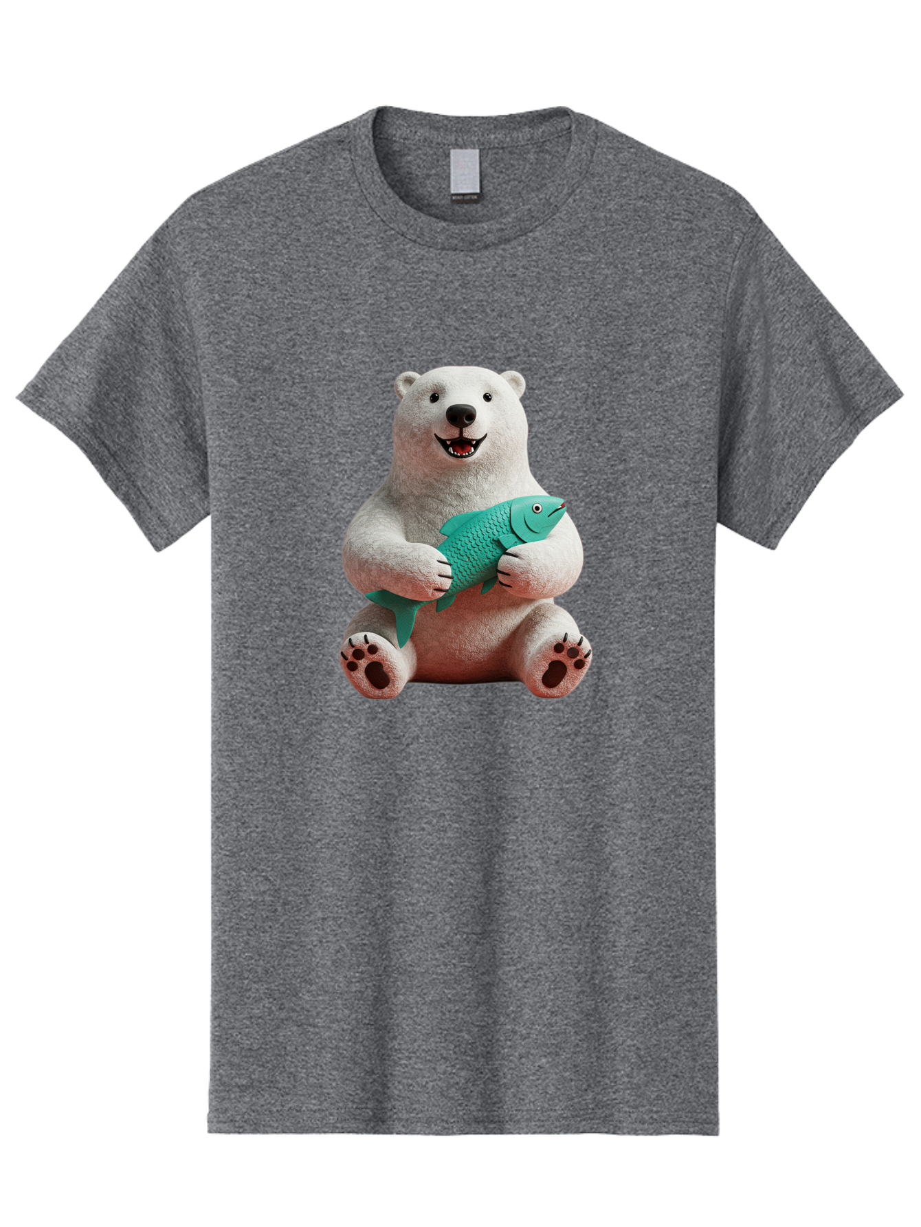 Polar-Bear-With-Fish-3 Men'S Graphic Tee, 100% Cotton, Comfortable Casual Summer Wear, Machine Washable, Polar Bear Holding Fish, White Fur, Cartoon Character, Smiling Bear, Turquoise Fish, Happy Expression, Cute Illustration, Wildlife Art Bae672
