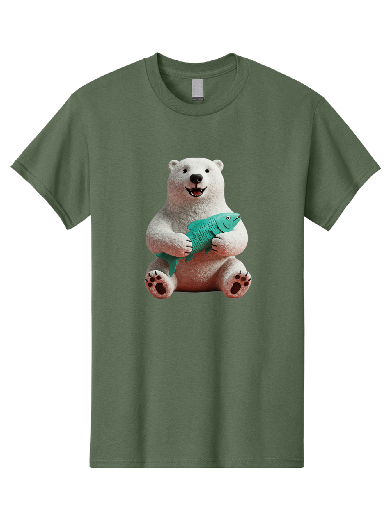 Polar-Bear-With-Fish-3 Men'S Graphic Tee, 100% Cotton, Comfortable Casual Summer Wear, Machine Washable, Polar Bear Holding Fish, White Fur, Cartoon Character, Smiling Bear, Turquoise Fish, Happy Expression, Cute Illustration, Wildlife Art Bae672
