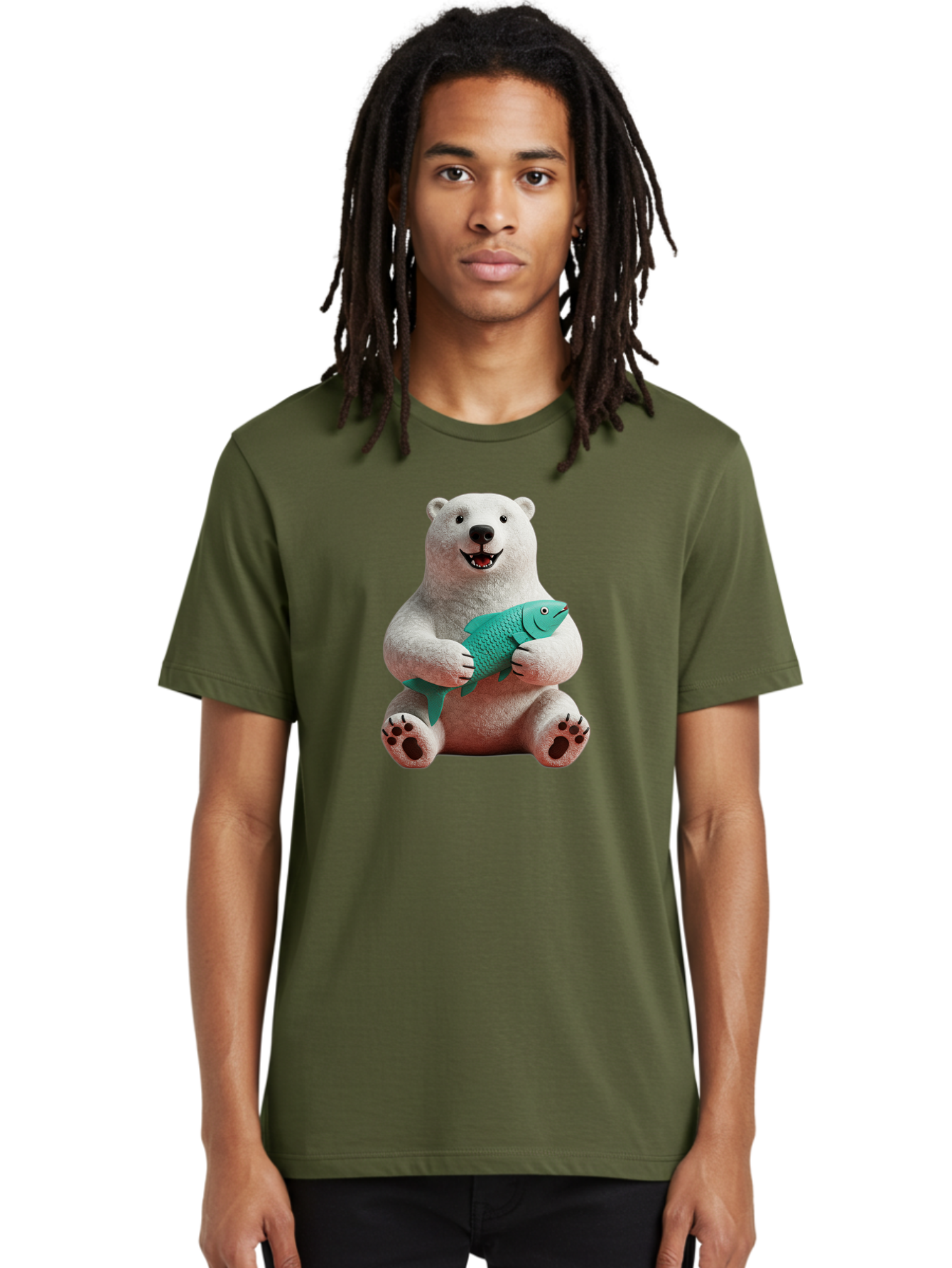 Polar-Bear-With-Fish-3 Men'S Graphic Tee, 100% Cotton, Comfortable Casual Summer Wear, Machine Washable, Polar Bear Holding Fish, White Fur, Cartoon Character, Smiling Bear, Turquoise Fish, Happy Expression, Cute Illustration, Wildlife Art Bae672