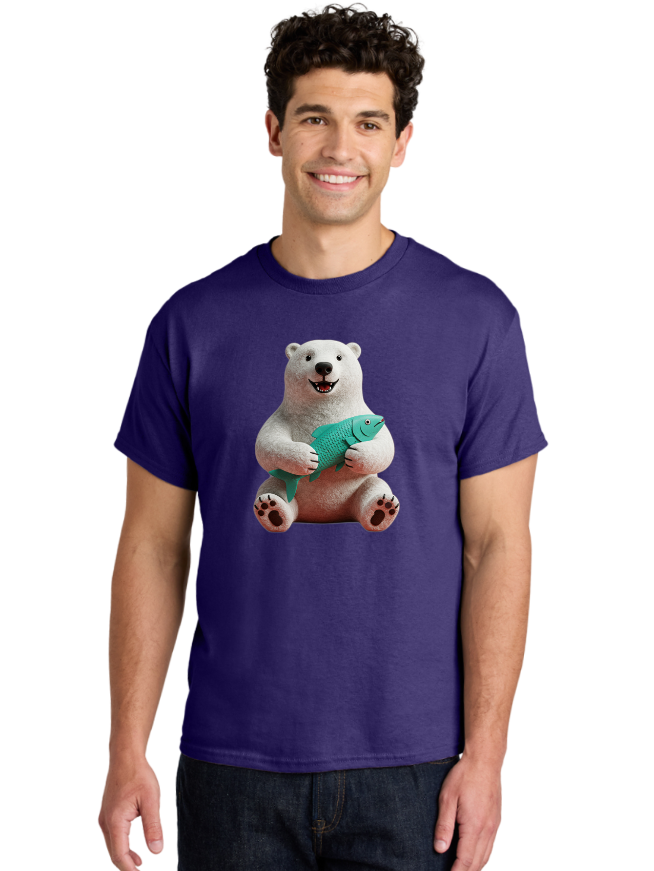 Polar-Bear-With-Fish-3 Men'S Graphic Tee, 100% Cotton, Comfortable Casual Summer Wear, Machine Washable, Polar Bear Holding Fish, White Fur, Cartoon Character, Smiling Bear, Turquoise Fish, Happy Expression, Cute Illustration, Wildlife Art Bae672