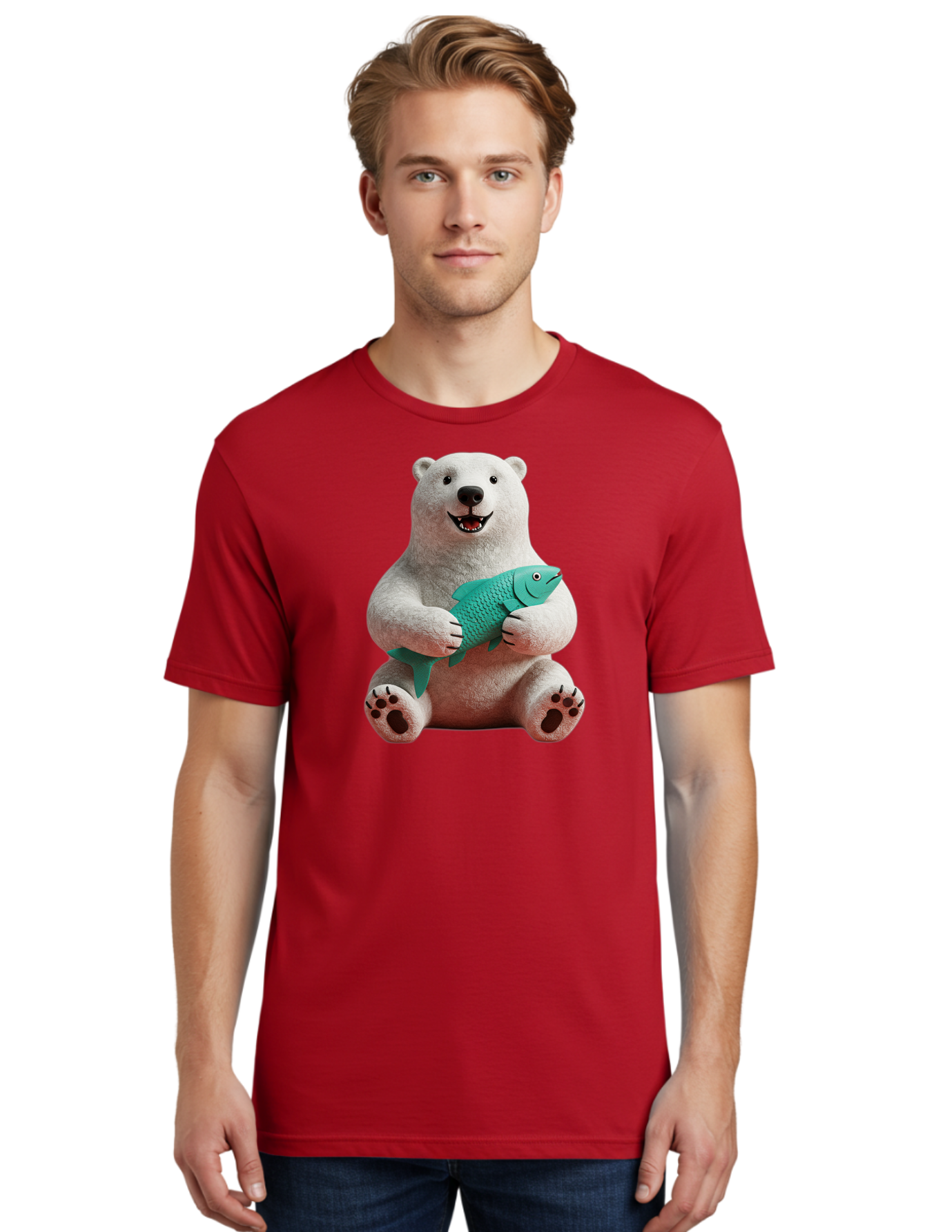 Polar-Bear-With-Fish-3 Men'S Graphic Tee, 100% Cotton, Comfortable Casual Summer Wear, Machine Washable, Polar Bear Holding Fish, White Fur, Cartoon Character, Smiling Bear, Turquoise Fish, Happy Expression, Cute Illustration, Wildlife Art Bae672