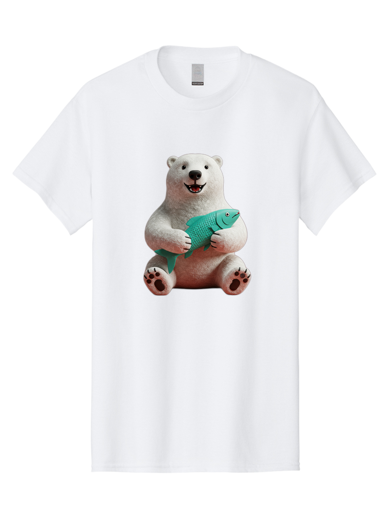 Polar-Bear-With-Fish-3 Men'S Graphic Tee, 100% Cotton, Comfortable Casual Summer Wear, Machine Washable, Polar Bear Holding Fish, White Fur, Cartoon Character, Smiling Bear, Turquoise Fish, Happy Expression, Cute Illustration, Wildlife Art Bae672