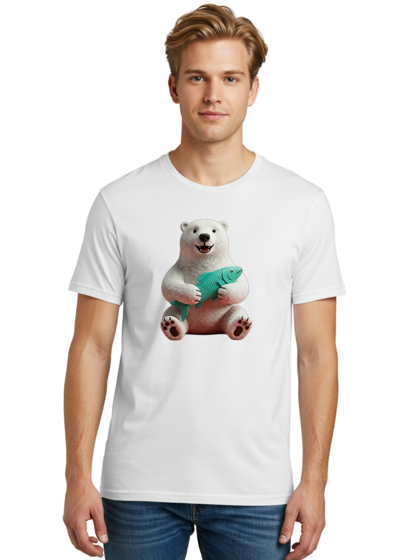 Polar-Bear-With-Fish-3 Men'S Graphic Tee, 100% Cotton, Comfortable Casual Summer Wear, Machine Washable, Polar Bear Holding Fish, White Fur, Cartoon Character, Smiling Bear, Turquoise Fish, Happy Expression, Cute Illustration, Wildlife Art Bae672