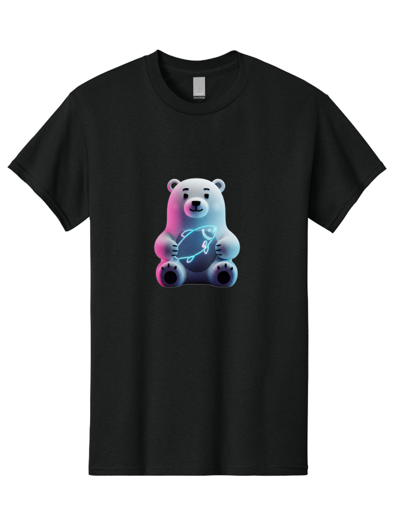 Polar-Bear-With-Fish-4 Men'S Graphic Tee, 100% Cotton, Comfortable Casual Summer Wear, Machine Washable, Polar Bear Holding Fish, Neon Light, Cartoon Character, Cute Animal, 3D Illustration, Glowing Effect, Cartoon Style, Digital Art Bae673