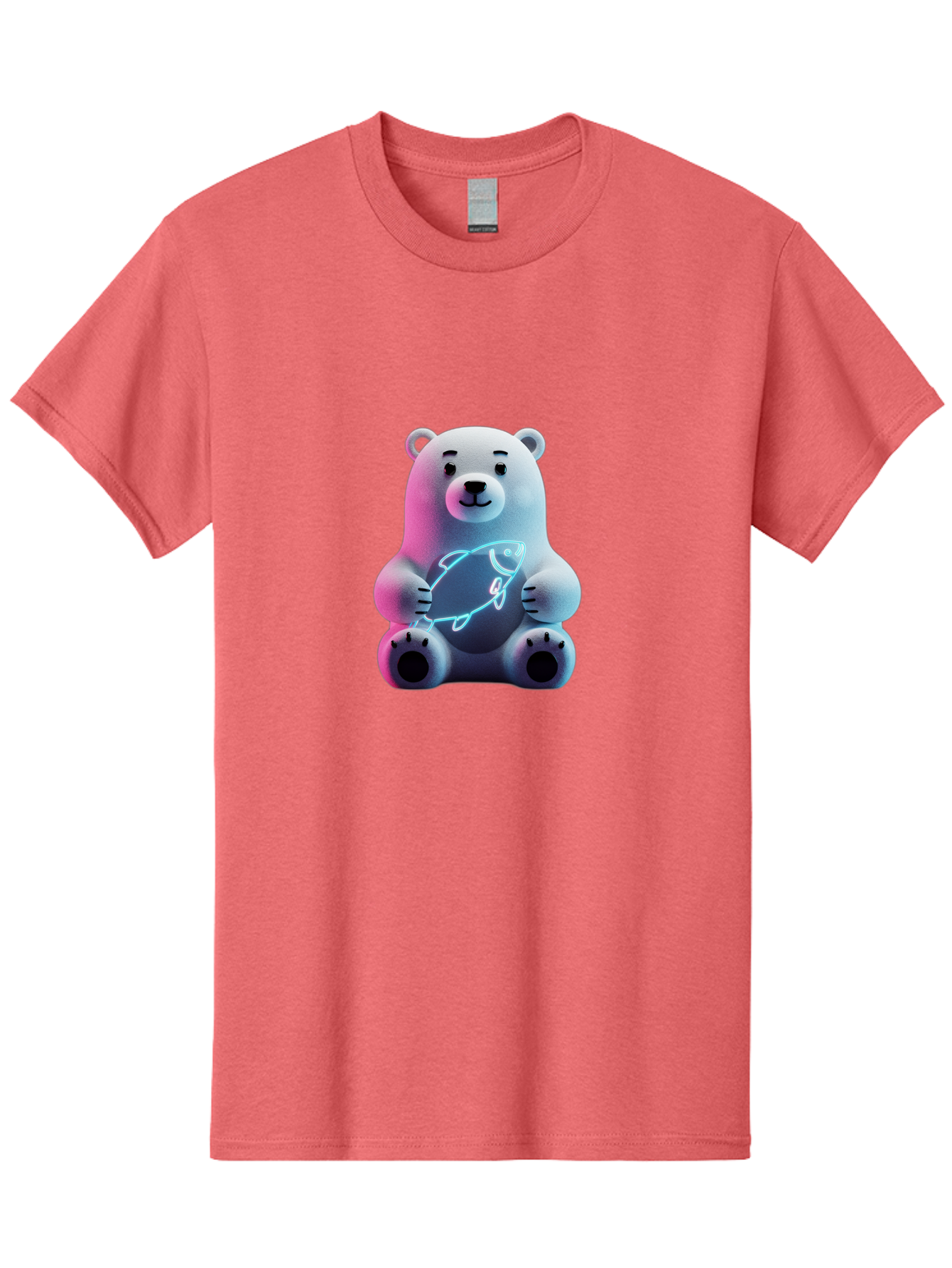 Polar-Bear-With-Fish-4 Men'S Graphic Tee, 100% Cotton, Comfortable Casual Summer Wear, Machine Washable, Polar Bear Holding Fish, Neon Light, Cartoon Character, Cute Animal, 3D Illustration, Glowing Effect, Cartoon Style, Digital Art Bae673