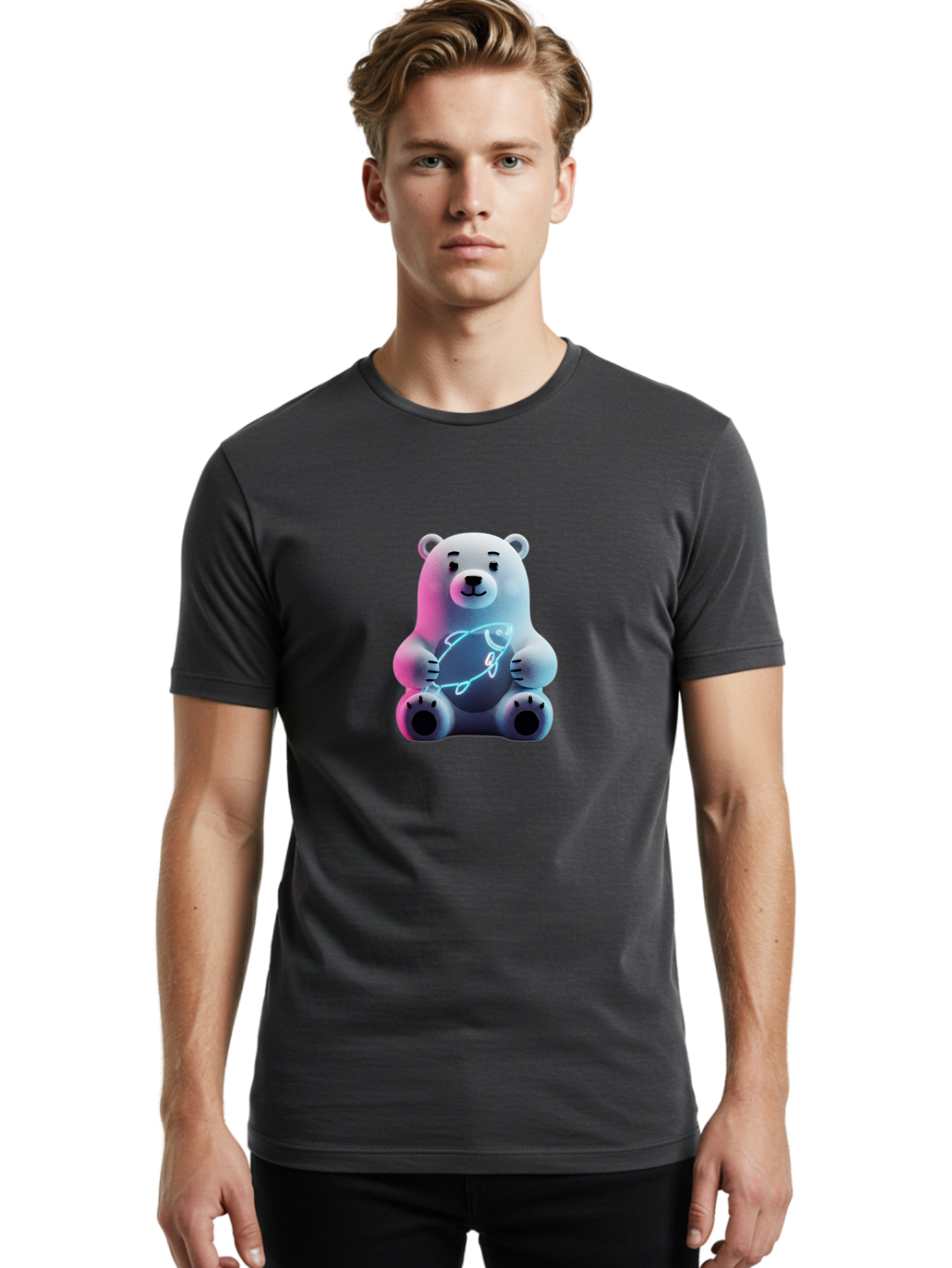 Polar-Bear-With-Fish-4 Men'S Graphic Tee, 100% Cotton, Comfortable Casual Summer Wear, Machine Washable, Polar Bear Holding Fish, Neon Light, Cartoon Character, Cute Animal, 3D Illustration, Glowing Effect, Cartoon Style, Digital Art Bae673